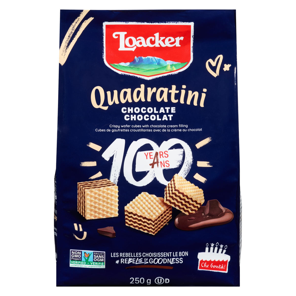 Loacker Quadratini Chocolate Wafer Cookies - 30% Less Sugar - enhanced Crispy Bite Size Wafers With Chocolate Cream Filling - Resealable Family Pack - Non-Gmo - Fine Flavor Cocoa From Our Sustainable Farming Program - Large Snack Bag 250G/8.82Oz