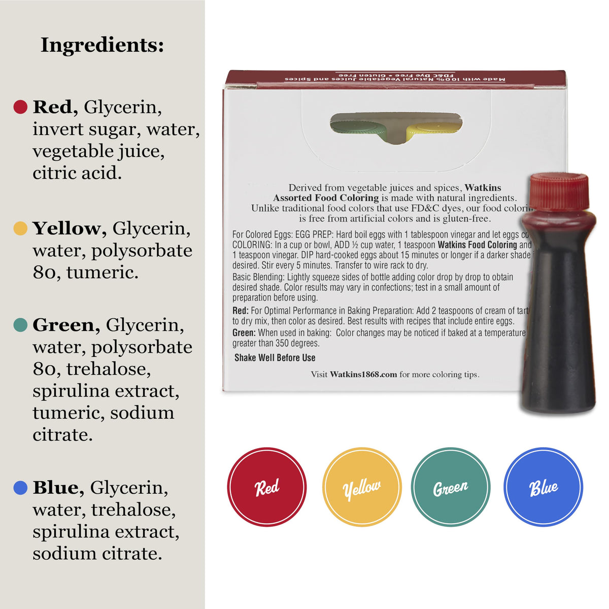 Watkins Assorted Food Coloring, 1 Each Red, Yellow, Green, Blue, Total Four .3 Oz Bottles