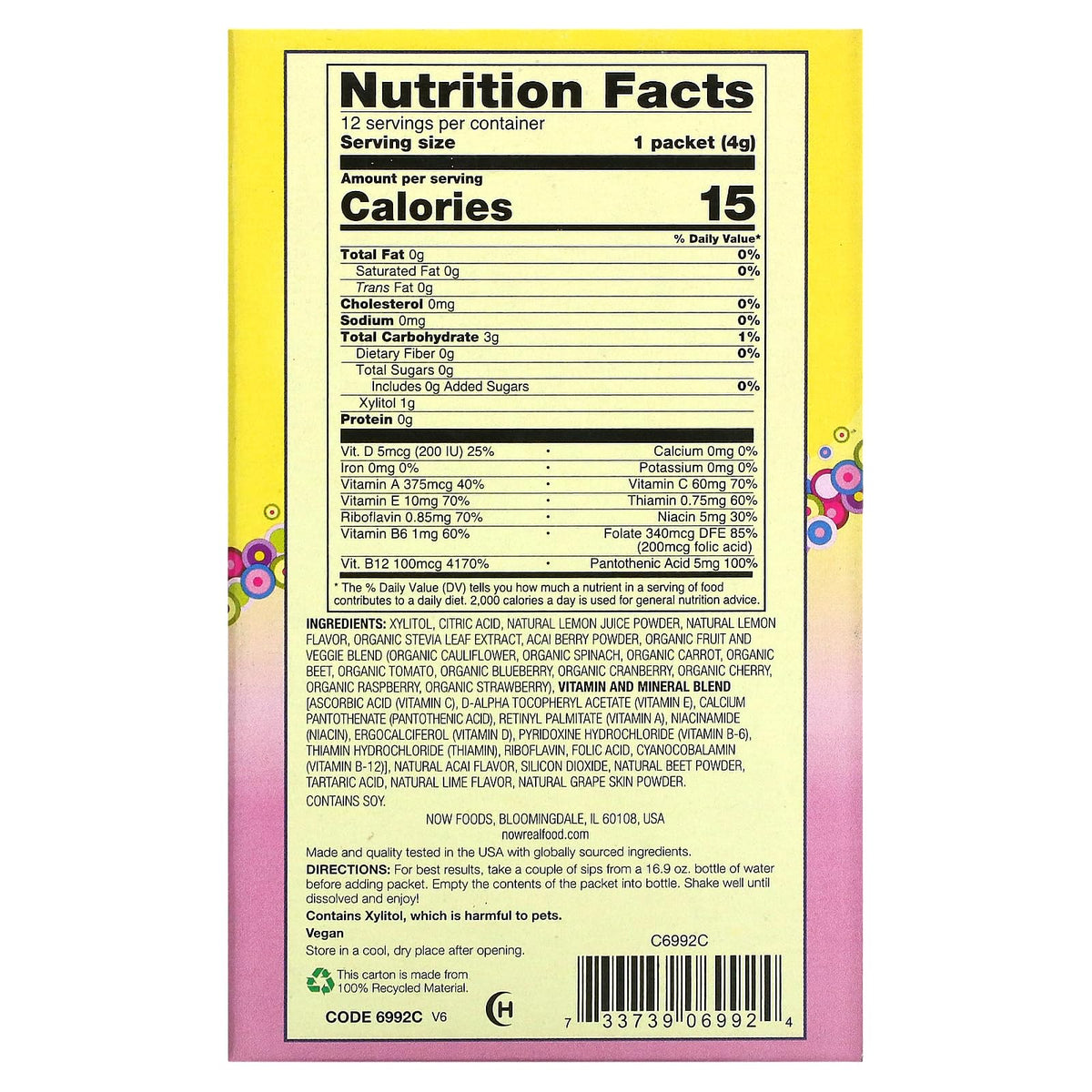 Now Foods Acai Lemonade Stevia Drink Sticks, 12 Ct