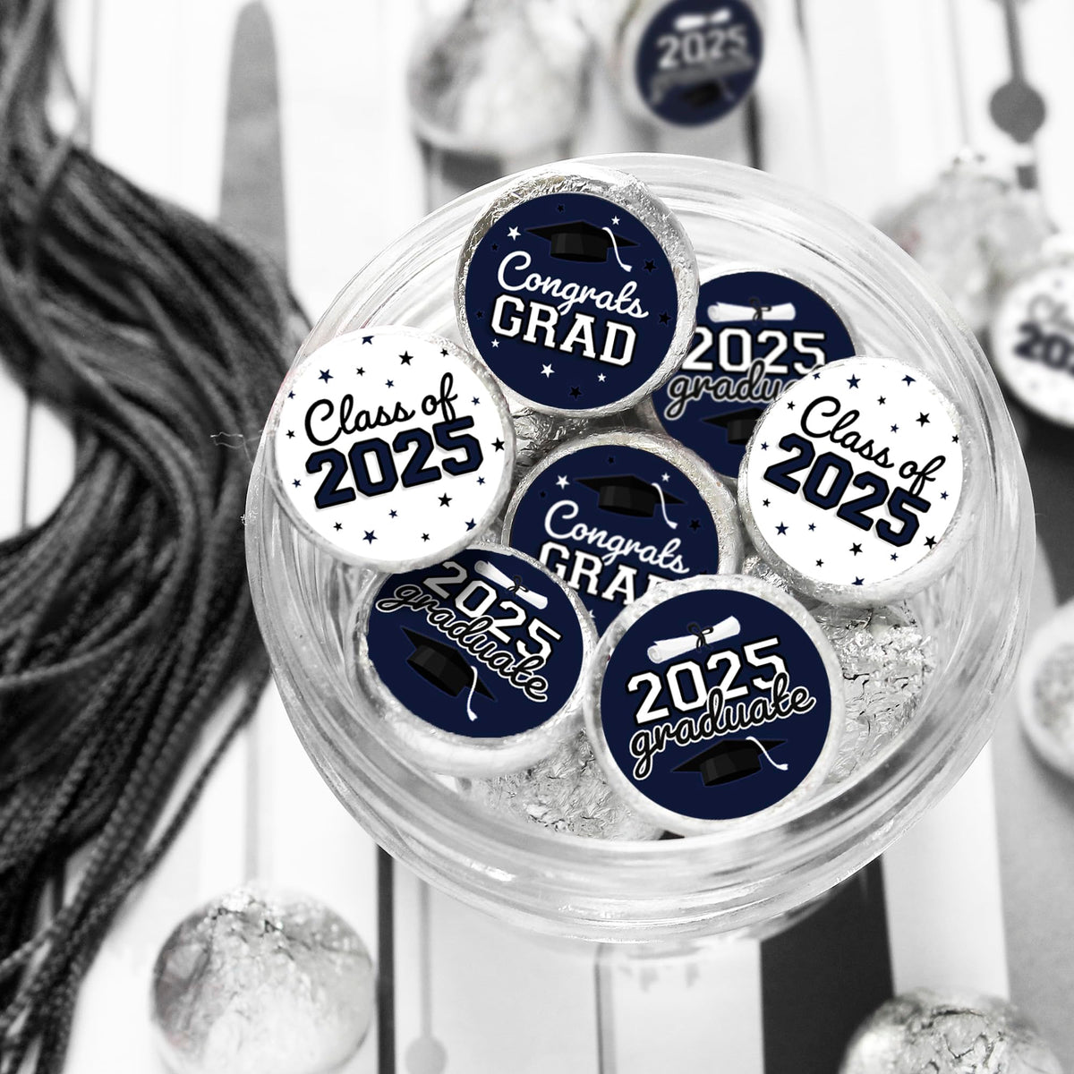 Navy Blue Graduation Party Stickers For Kisses Candy, Chocolate Drops, 2025 Grad Party Favors - 180 Count