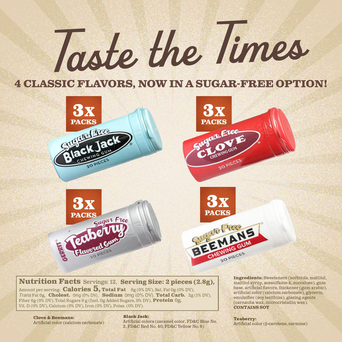 Gerrits Sugar Free Gum Variety Pack - Beemans, Black Jack, Clove, Teaberry - 12 Tubes, 240 Pieces, Pink, White, Black, Light
