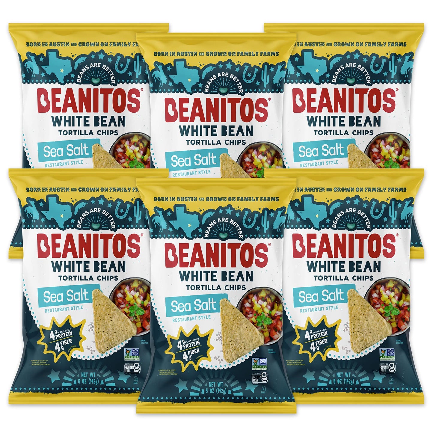 Beanitos Bean Chips - Restaurant Style Sea Salt - (6 Pack) 5 oz Family Size Bag - White Bean Tortilla Chips - Vegan Snack with G