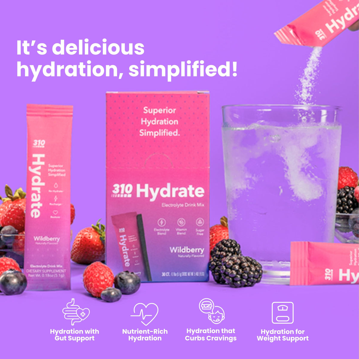 310 Nutrition Hydrate Wildberry Electrolytes Powder - 30 Sugar-Free Servings, Keto Friendly, Packed with Key Vitamins & Minerals