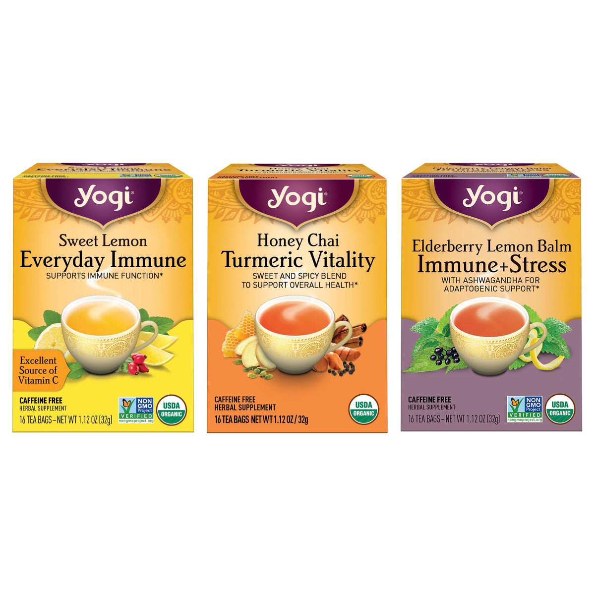 Yogi Tea Immune Support Tea Variety Pack - 16 Tea Bags Per Pack (3 Packs) - Immunity Support Tea Sampler Set - Sweet Lemon Every