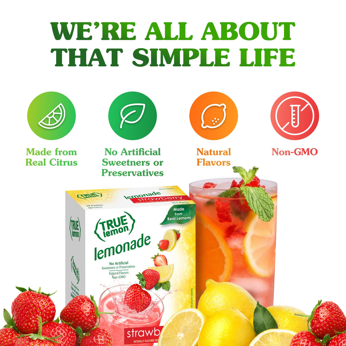 True Lemon Strawberry Lemonade Water Enhancer Drink Mix (30 Count), Low Calorie Drink Mix Packets for Water, Powdered Drink Mixe