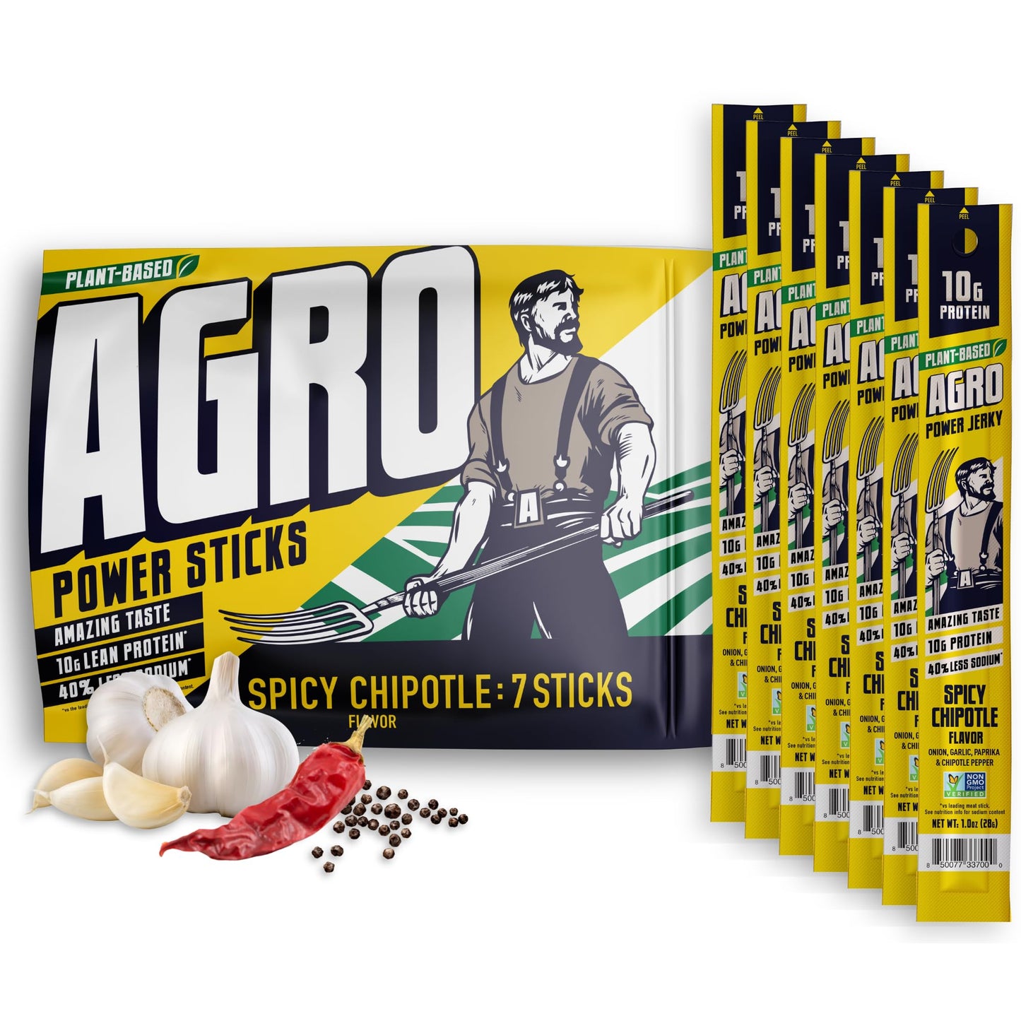 AGRO POWER Vegan Jerky Sticks, 10g Protein per Stick, Spicy Chipotle Plant-Based, 7 Stick Bag, Non-GMO, 40% Less Sodium, Zero Ch