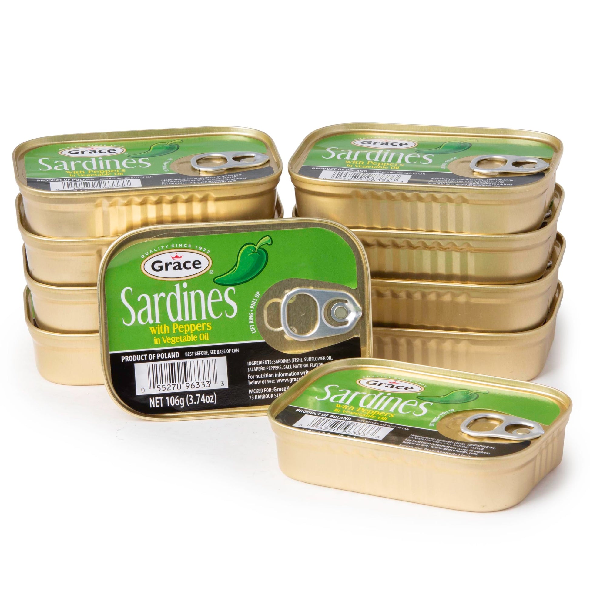 Grace Sardines In Pepper In Vegetable Oil - 3.74Oz (Pack Of 10) - 16G Protein Per Serving  Canned & Packaged Season Sardines  Low Sodium  Gluten Free  Keto Friendly  Canned Fish