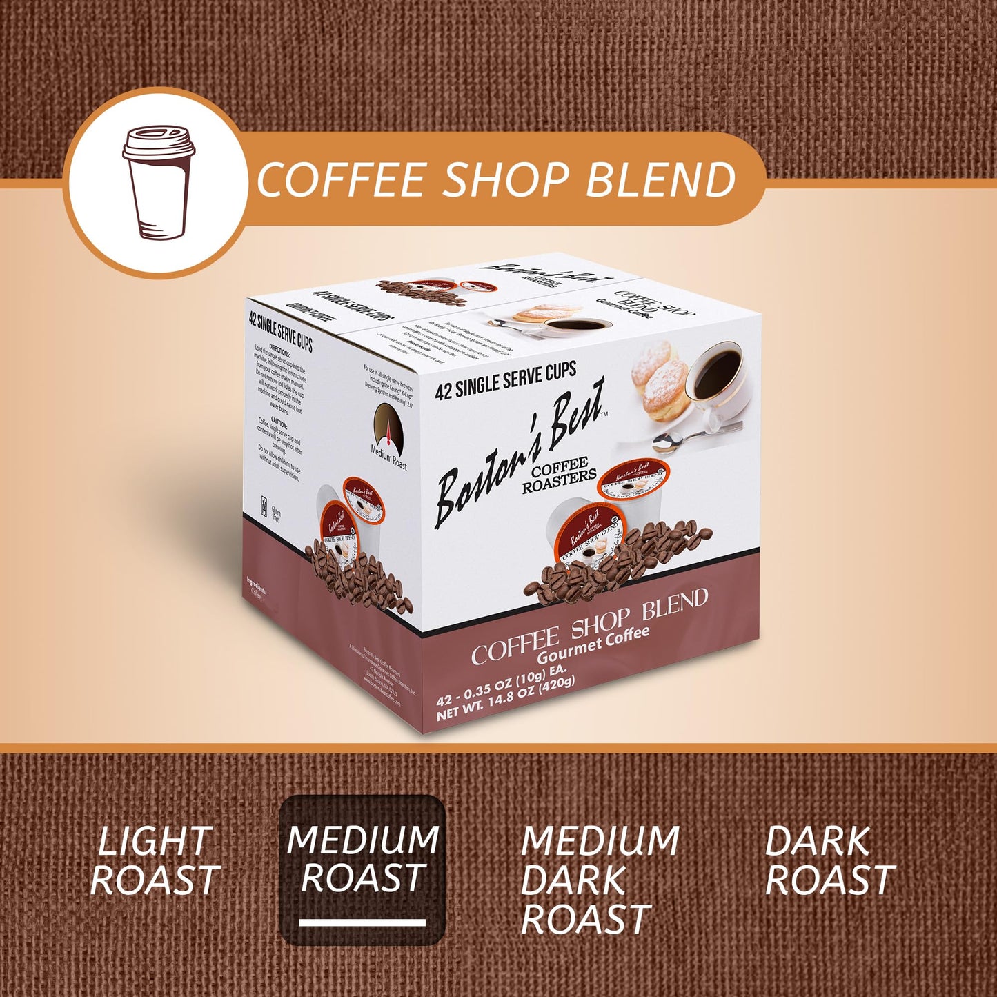 Bostons Best Coffee Shop Blend, Medium Roast, 42 Single Serve Cups