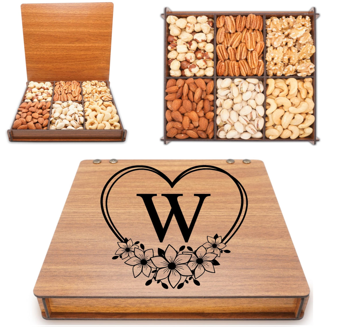 Secret Gardens Monogrammed Gift Basket - Gourmet Mixed Nuts in Reusable Wooden Tray, Perfect for Birthdays, Corporate Gifts, Sympathy