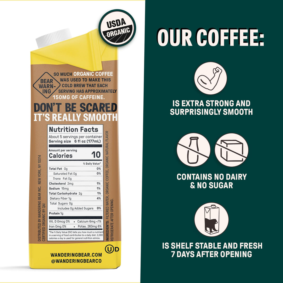 Wandering Bear Organic Caramel Cold Brew Coffee, 32 Fl Oz, 3 Pack - Extra Strong, Smooth, Unsweetened, Shelf-Stable, Ready To Dr