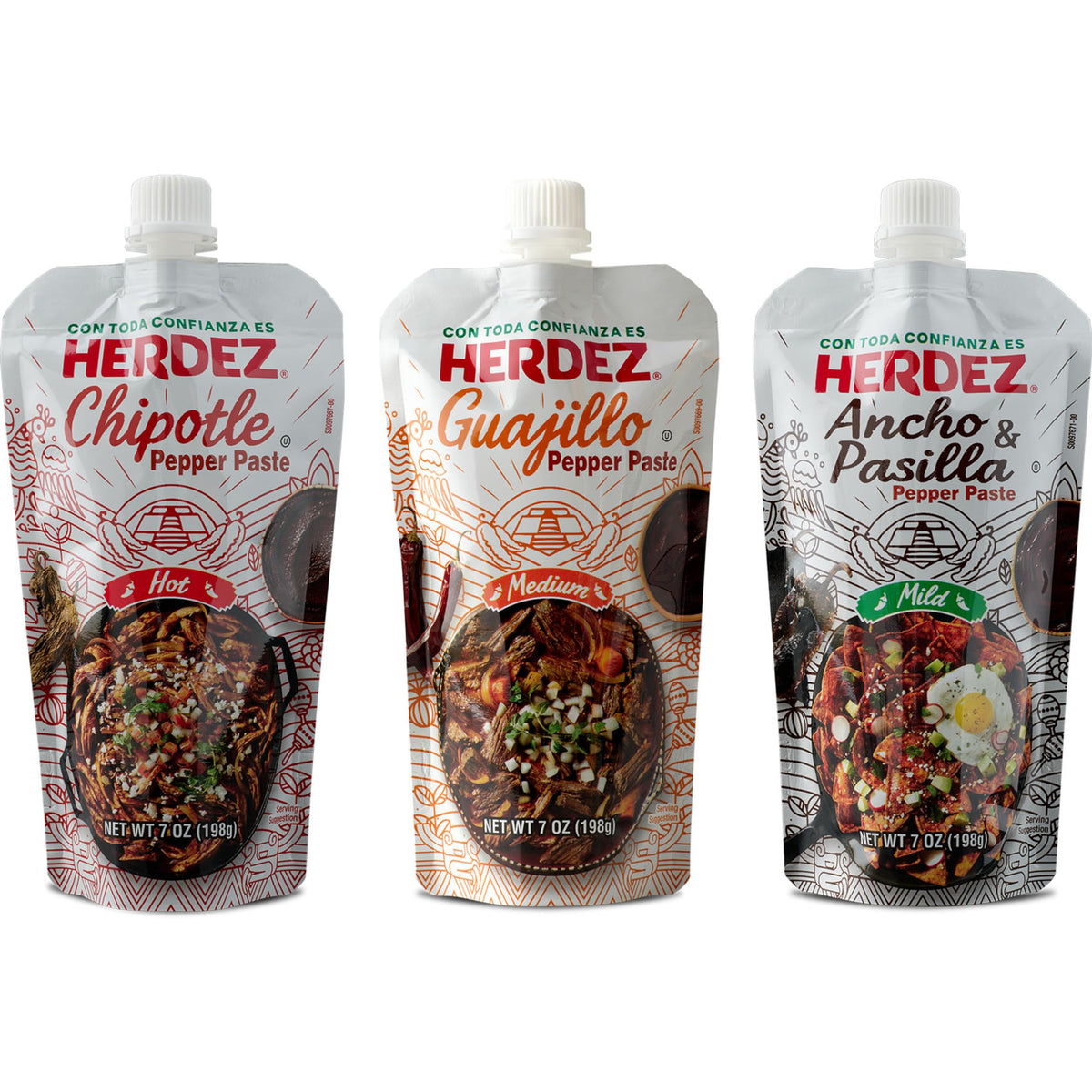 HERDEZ Pepper Paste Trio - Chipotle (Hot), Guajillo (Medium), Ancho and Pasilla (Mild) - Squeeze Pouch with Easy Close Twist Cap