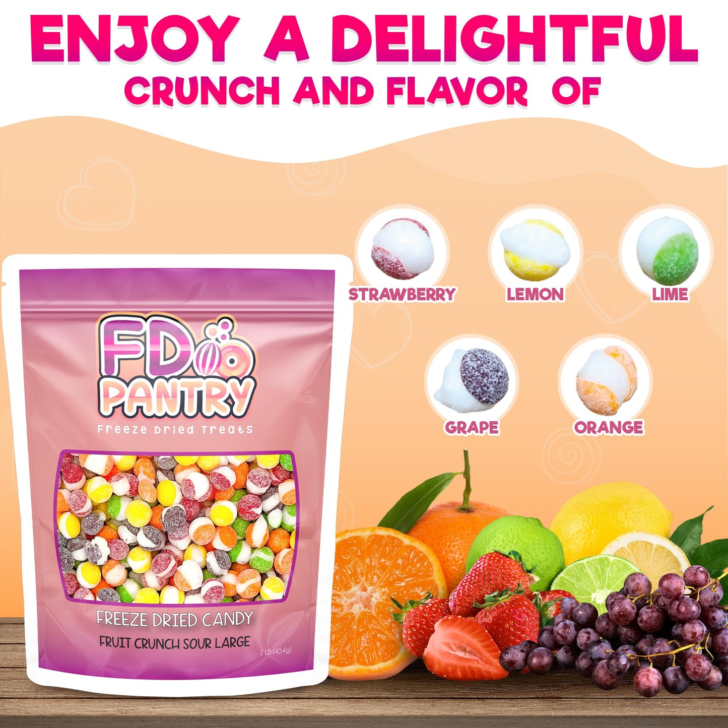 Fruit Crunch Sour - Freeze Dried Candy,1Lb, 16 Oz - Assorted Sour Flavors, Large Pouch - Ideal Gift Snack Treat 1 Pound