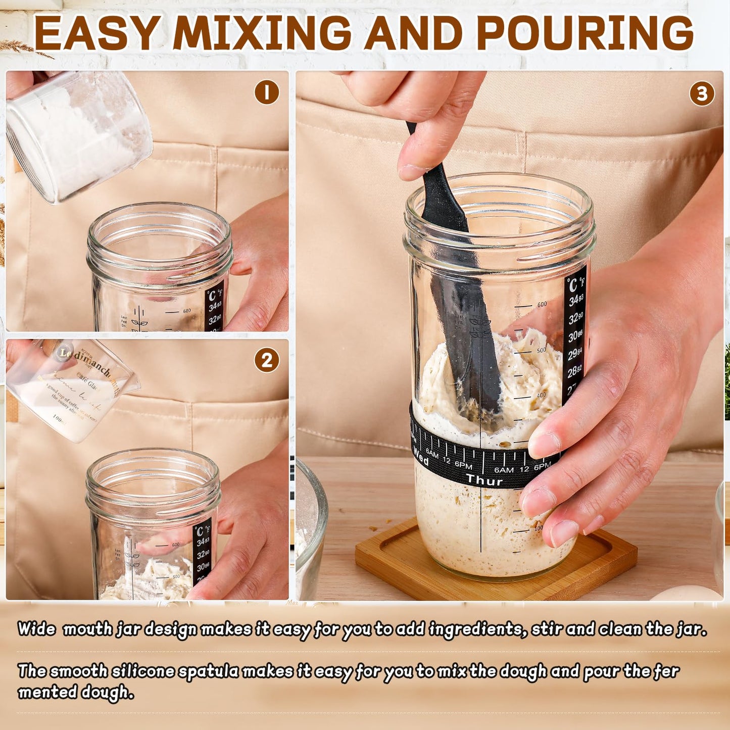 DWTS DANWEITESI Sourdough Starter Kit with Feeding Band, Thermometer, Jar Sc r, Cloth Cover & Aluminum Lid, 24oz-2pcs