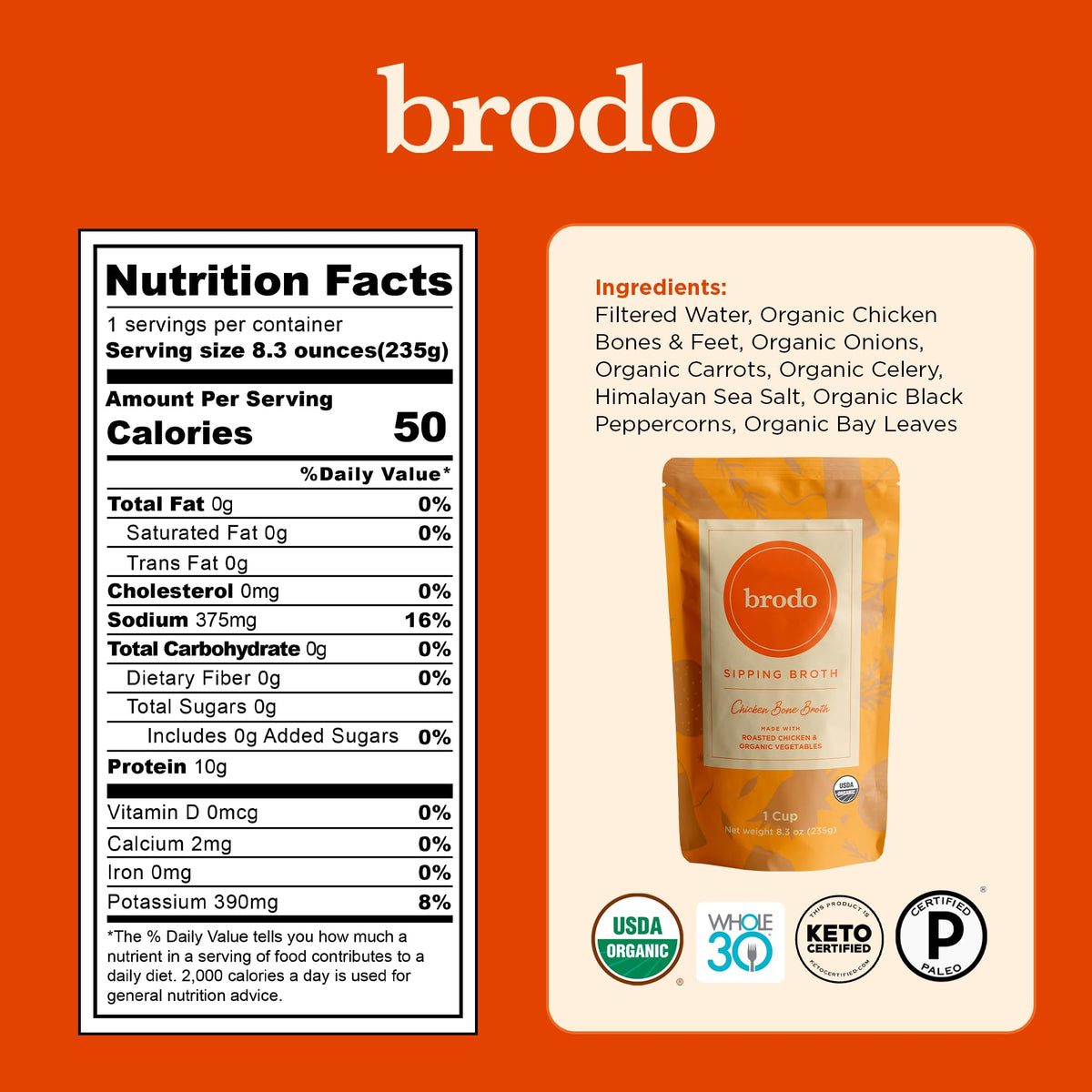 Brodo Organic Chicken Broth | Nutrient Dense, Chef Crafted Bone Broth in Single Serving Pouches | Not Made From Concentrate, No