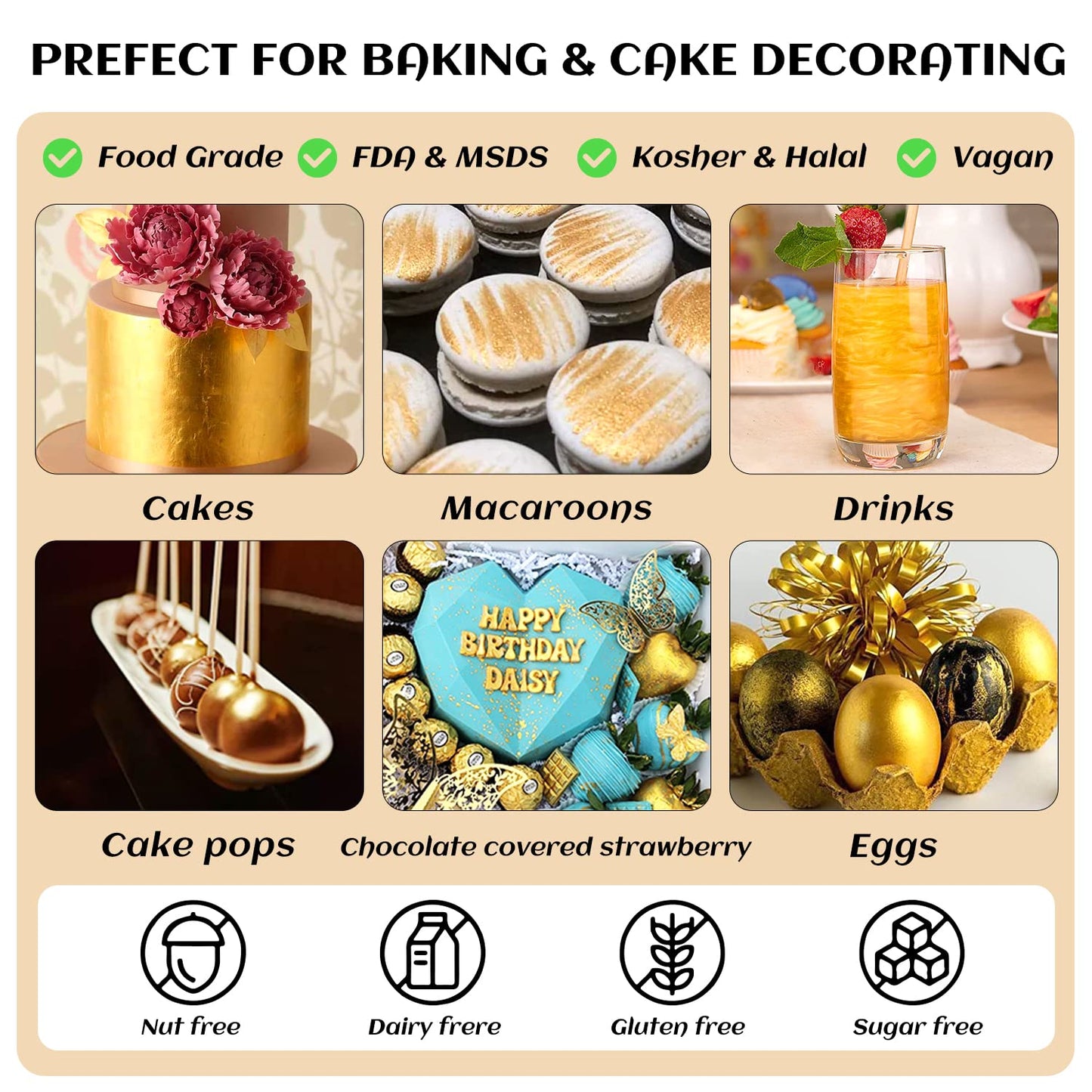 INOCERIS Edible Luster Dust Set - Metallic Shimmer Powder for Baking, Decorating, Candy & Drinks - Small, Flavorless, Luster Dust