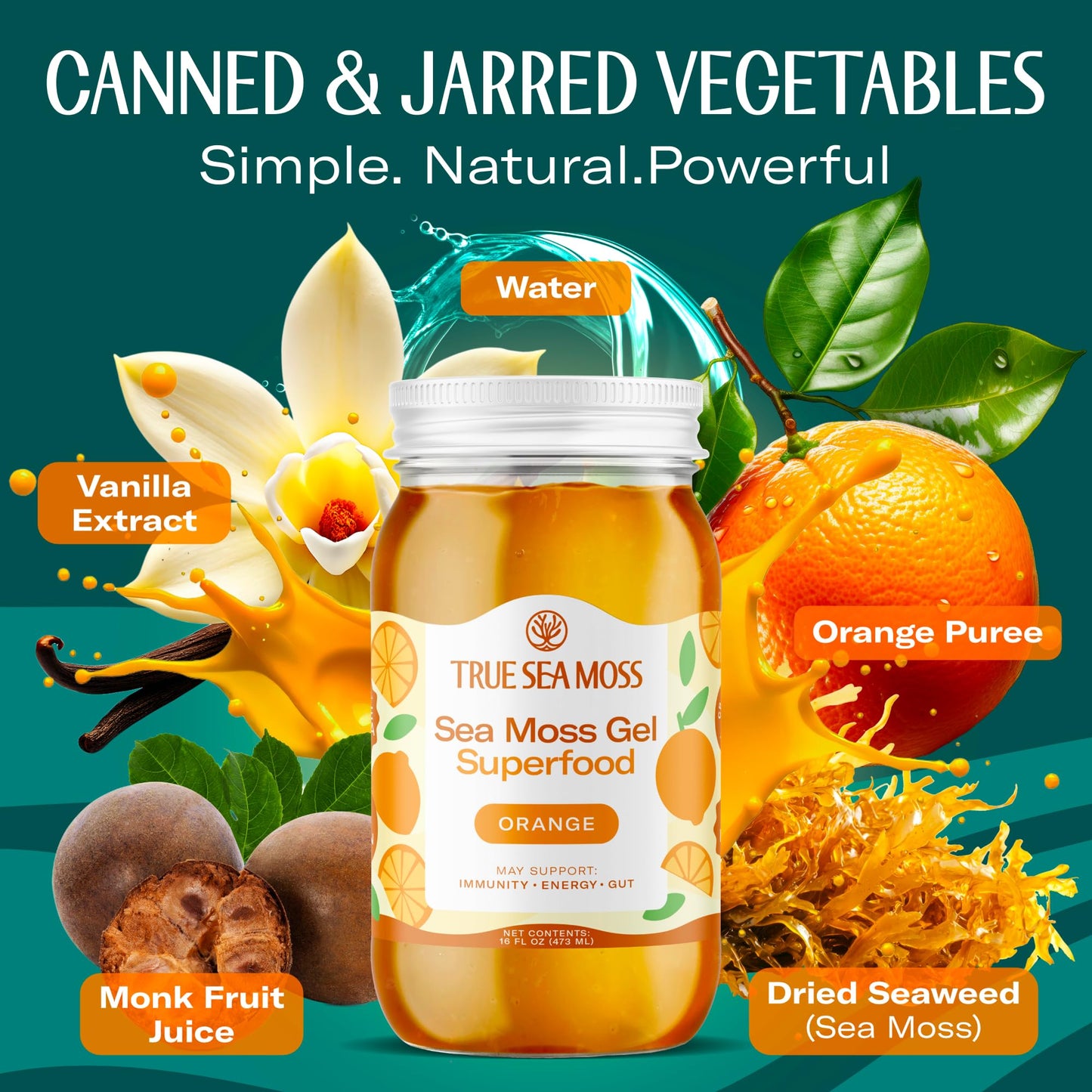 TrueSeaMoss Sea Moss Gel - Made in USA - Wildcrafted Seamoss  Fruits & Jarred Vegetables - Orange  Pack of 1 (Labels may Vary)
