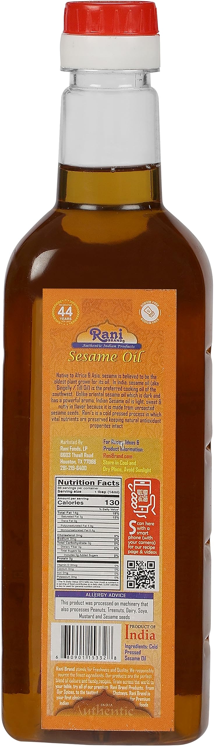 Rani Sesame Oil 16.9 Ounce (500Ml) Cold Pressed | 100% Natural | Non-Gmo | Kosher | Vegan | Gluten Free