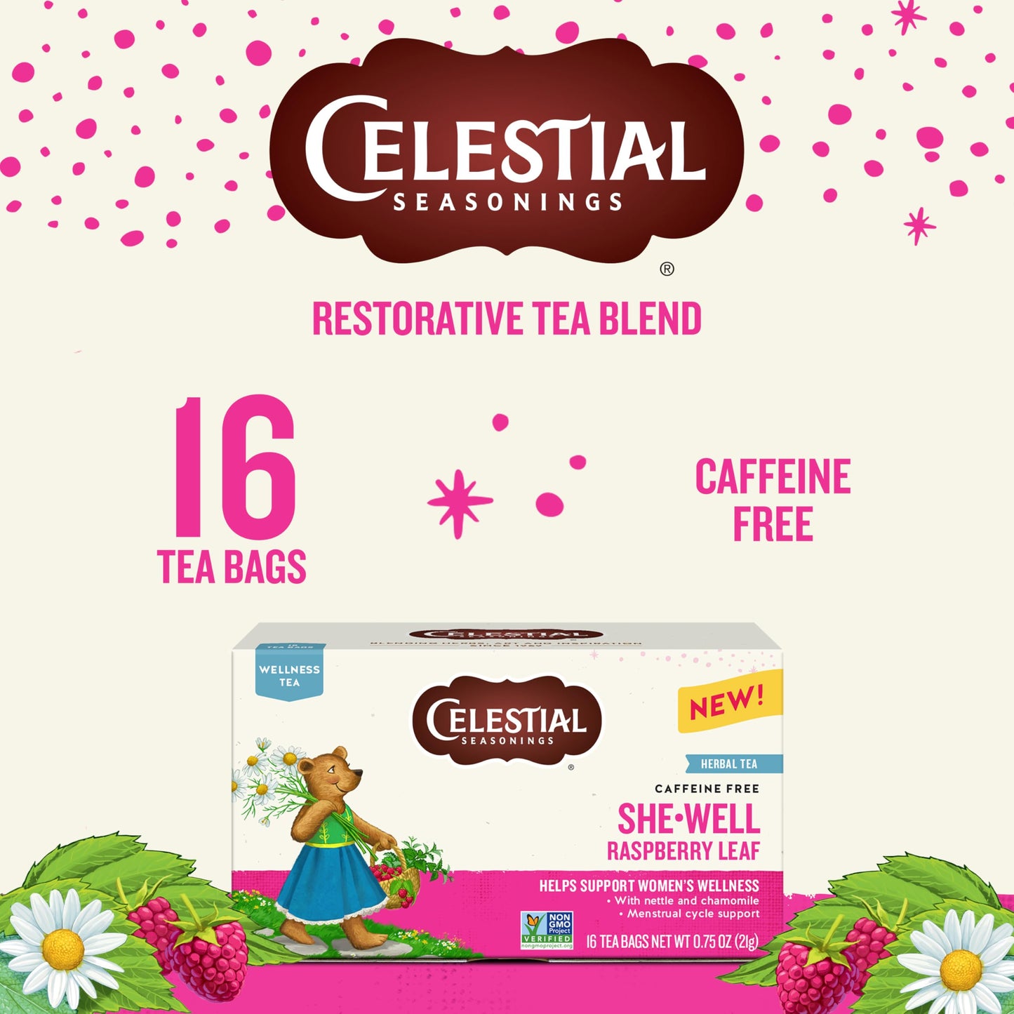 Celestial Seasonings SheWell Raspberry Leaf Wellness Tea  Caffeine Free  16 Tea Bags Box