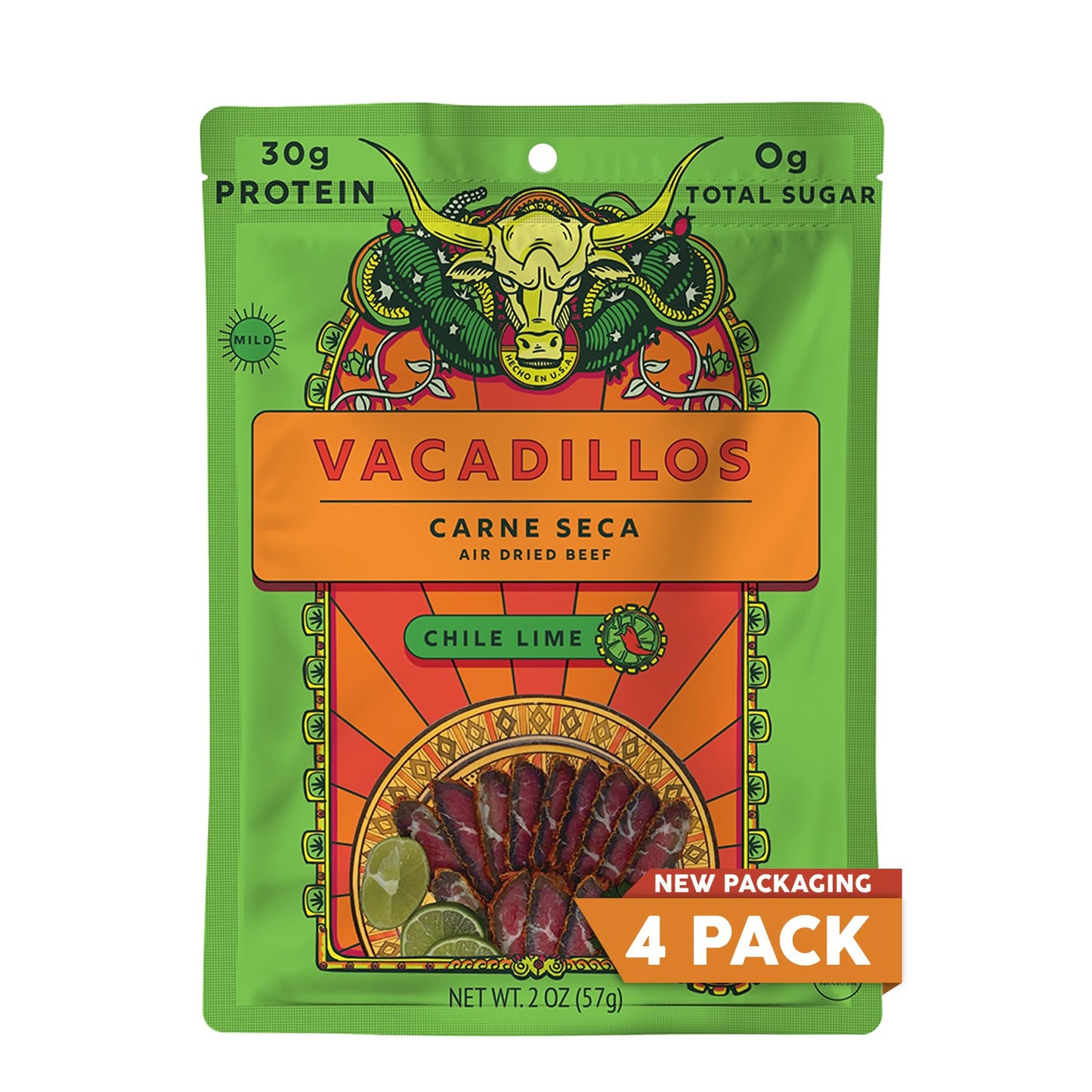 Vacadillos High Protein Beef Jerky - Chile Lime, Sugar Free, Gluten Free, Keto Friendly, 2 Ounce (Pack of 4)