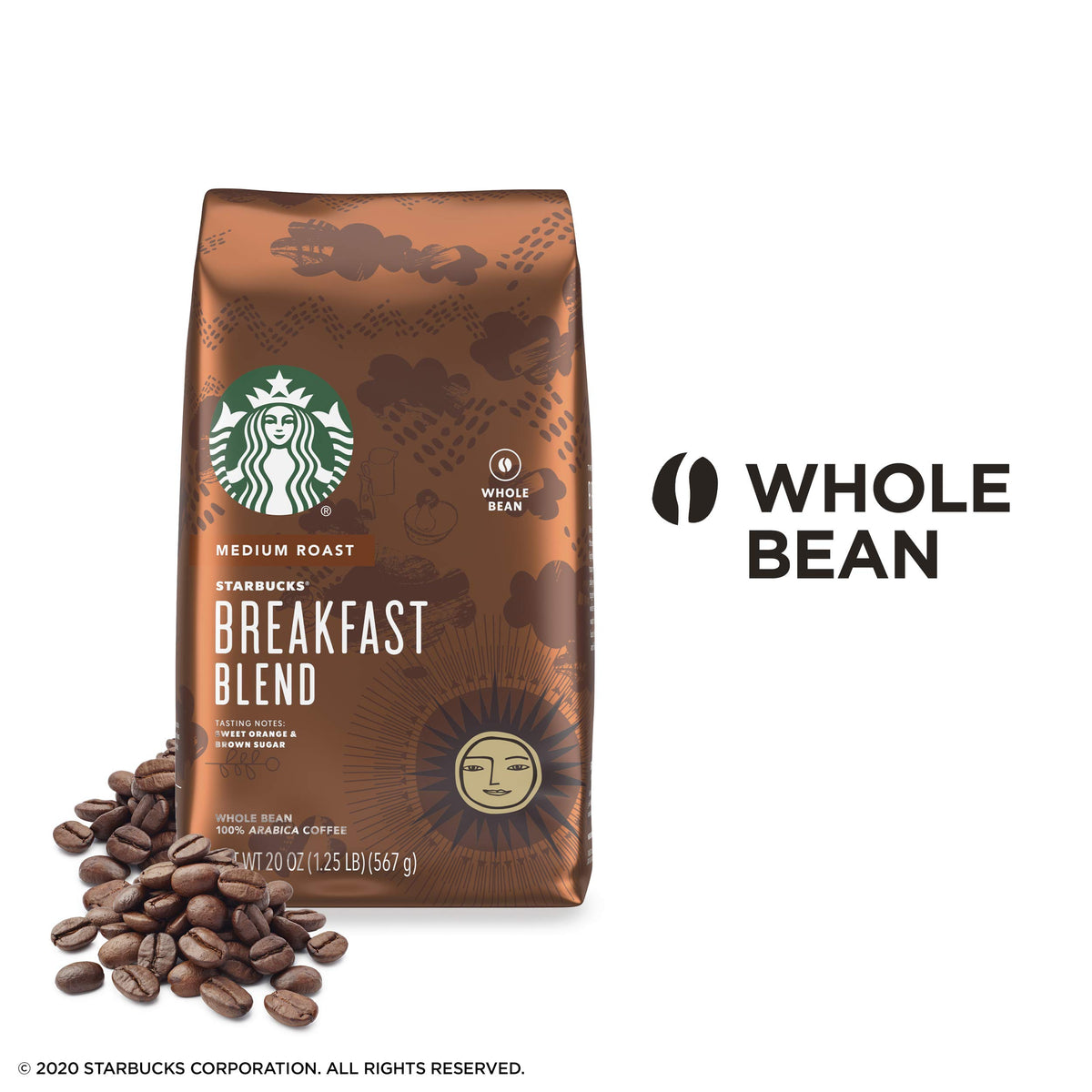 Starbucks Medium Roast Whole Bean Coffee Breakfast Blend 20 oz