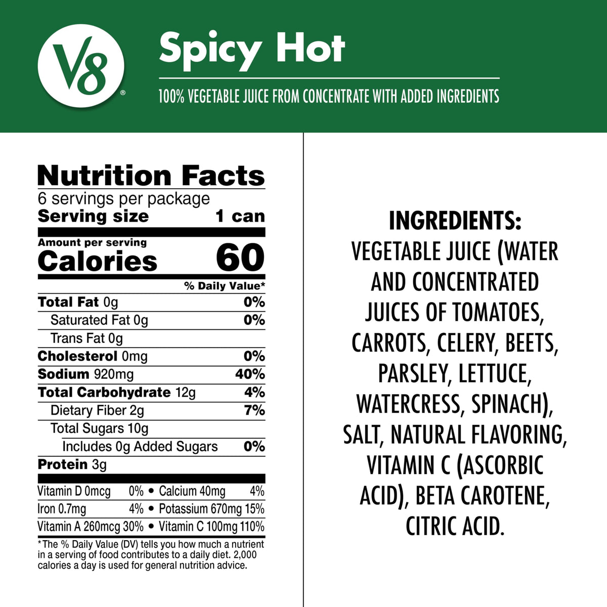 V8 Spicy Hot 100% Vegetable Juice, 11.5 Fl Oz Can (6 Pack)