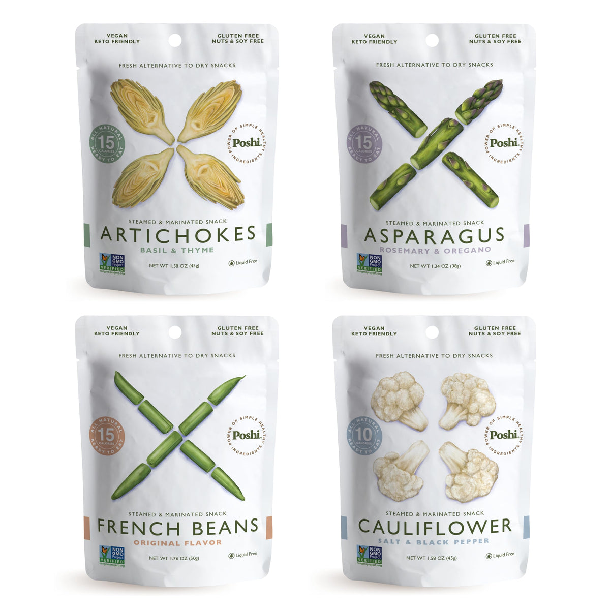 POSHI Marinated Vegetables Variety Pack | Asparagus, French Beans, Cauliflower, Artichoke | Keto, Vegan, Paleo, Non GMO, Gluten 
