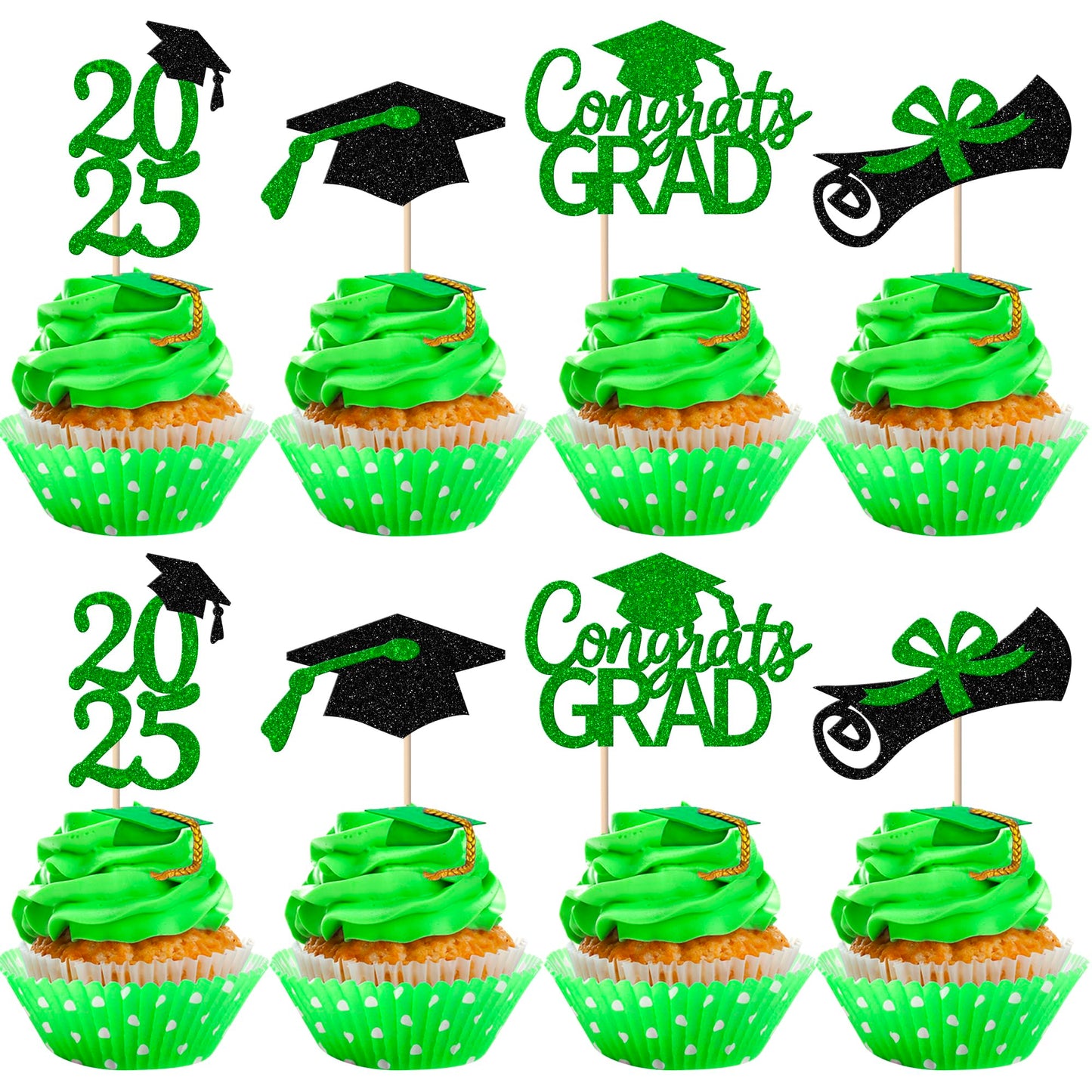 Rsstarxi Graduation Cupcake Toppers, 36 Pack, Congrats Grad, Class of 2025, Green Party Decorations