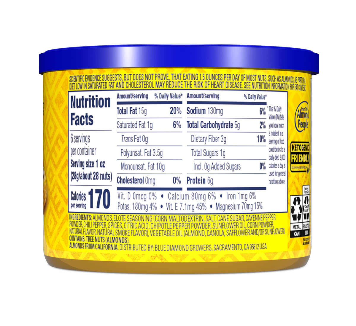 Blue Diamond Almonds, BOLD Elote Mexican Street Corn Flavored Snack Nuts, 6 Ounce Can (Pack of 2)