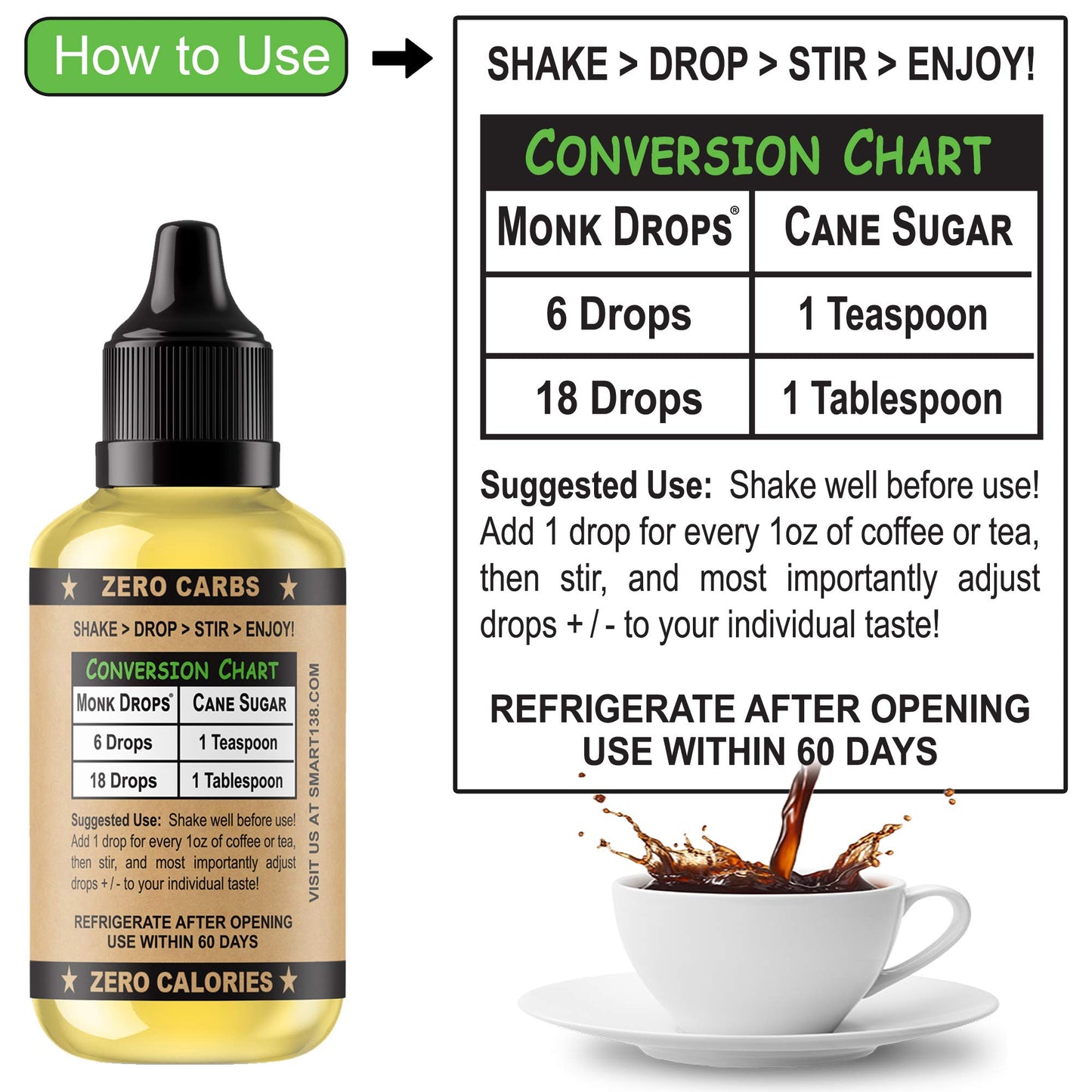 Smart138 Monk Drops Liquid Sweetener - Zero Calories, Zero Sugar, 1.5 Fl Oz