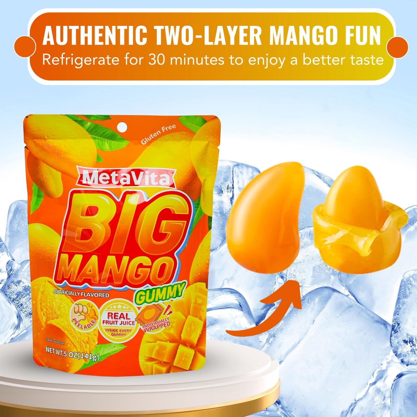 Luckycare MetaVita Big Mango Gummy Candy - Chewy, Gluten-Free, 5oz (1 Pack)