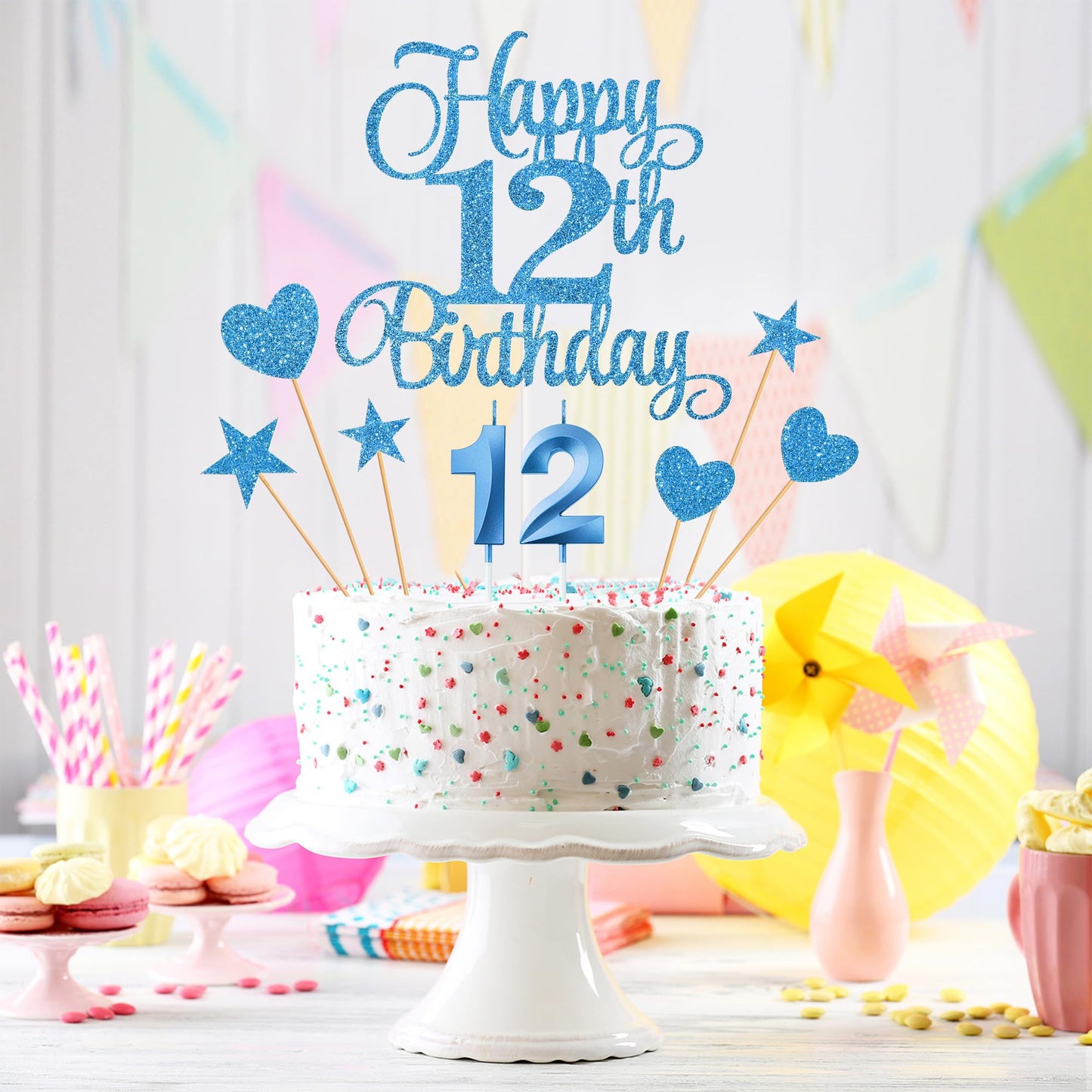 Lecferrarc 12th Birthday Cake Decorations Set, Blue Glitter Happy 12th Birthday Candles and Toppers
