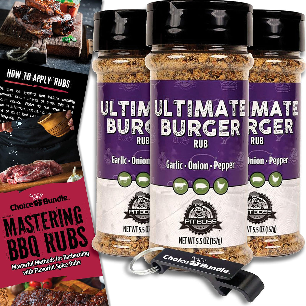 Pit Boss BBQ Seasoning Spice & Rub 3 Pack Bundle (16.5 oz) with Guide & Keychain Opener