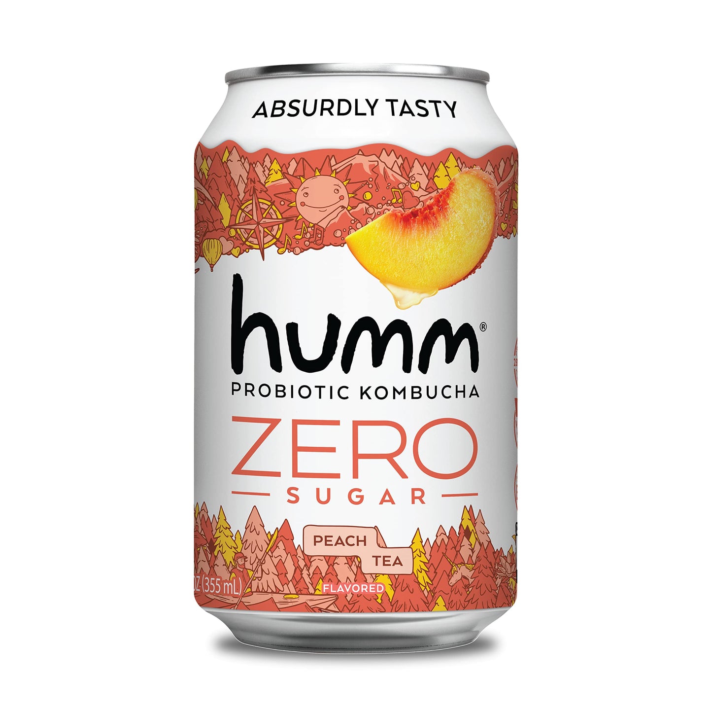 Humm Probiotic Kombucha Zero Sugar Peach Tea, No Refrigeration Needed, Keto Friendly, Organic, Vegan, Gluten Free, 12oz Cans (8