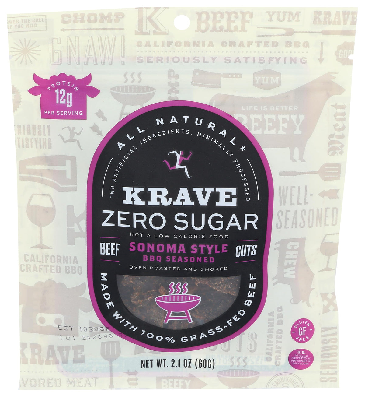 KRAVE Beef Jerky, Zero Sugar, All Natural, 100% Grass Fed, Sonoma Style BBQ, 2.1 Ounce