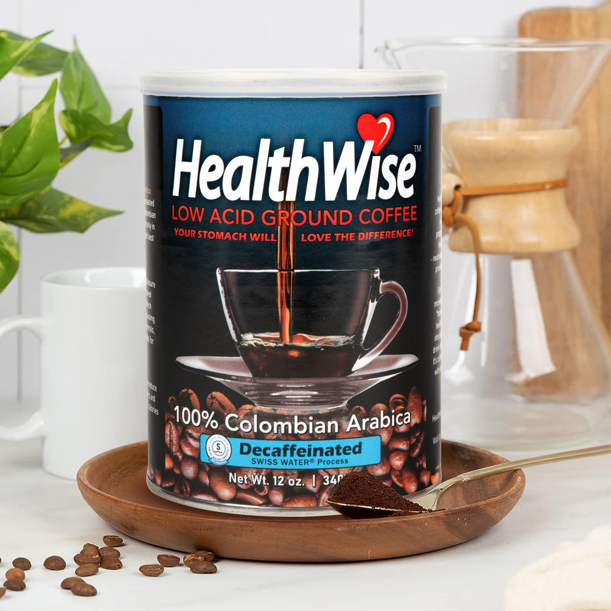 Healthwise Low Acid Swiss Water Decaffeinated Coffee, 100% Colombian Decaf Supremo, 12 Ounce