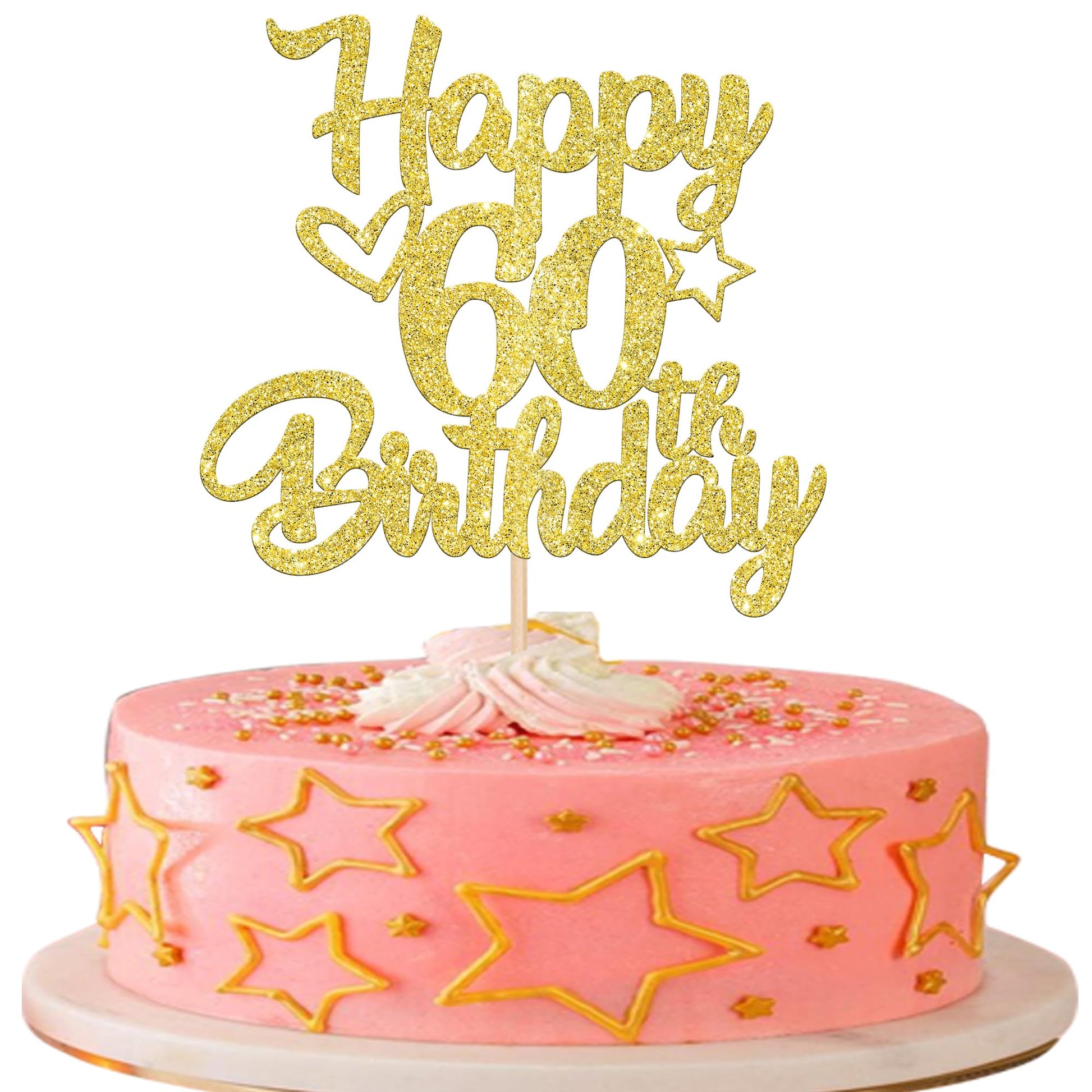 1 Pack Happy 60Th Birthday Cake Topper Glitter Heart Star 60 Fabulous Cake Pick Birthday Sign Cake Decorations For Children 60Th Birthday Theme Party Supplies Gold