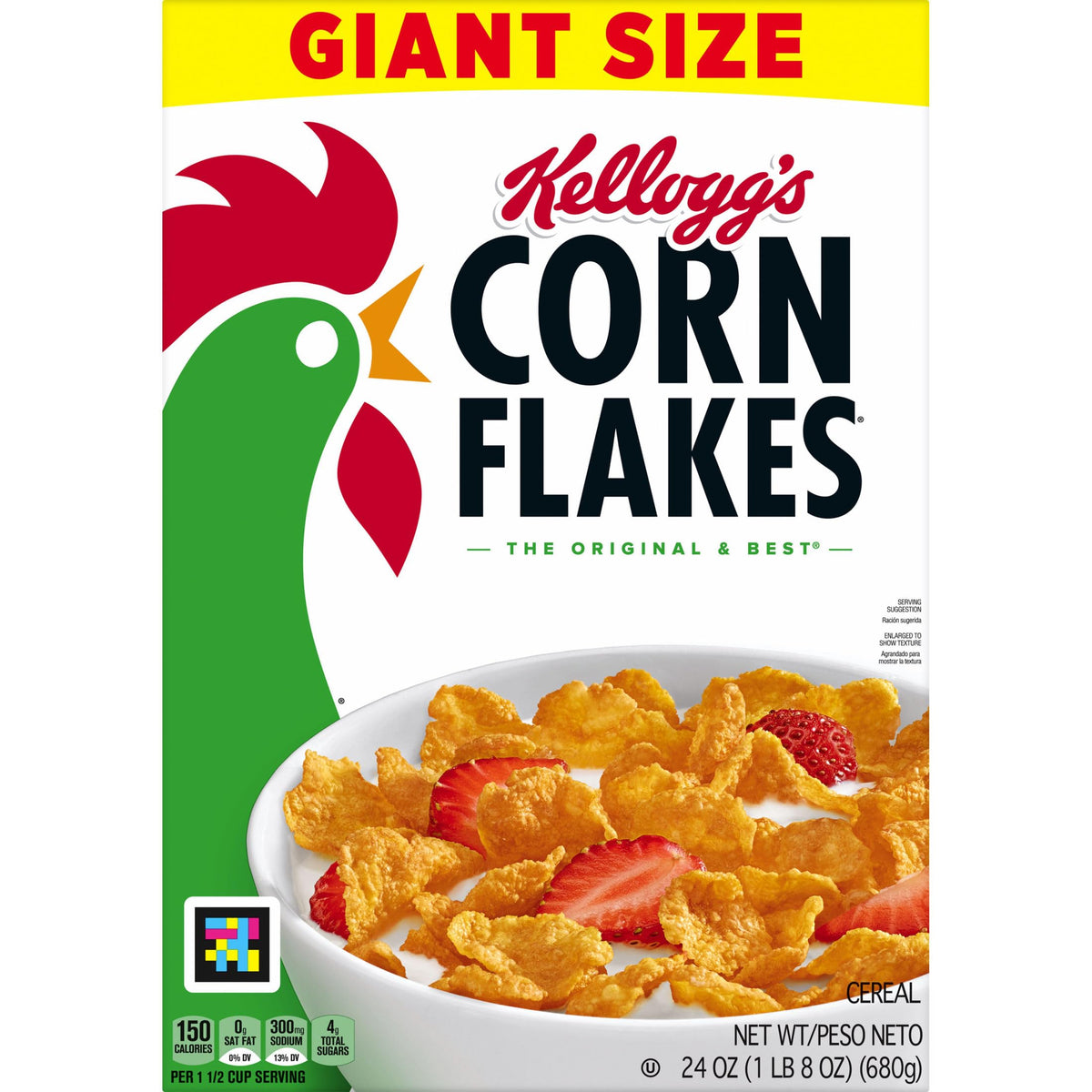 Kelloggs Corn Flakes Breakfast Cereal, Kids Cereal, Family Breakfast, Giant Size, Original, 24oz Box (1 Box)