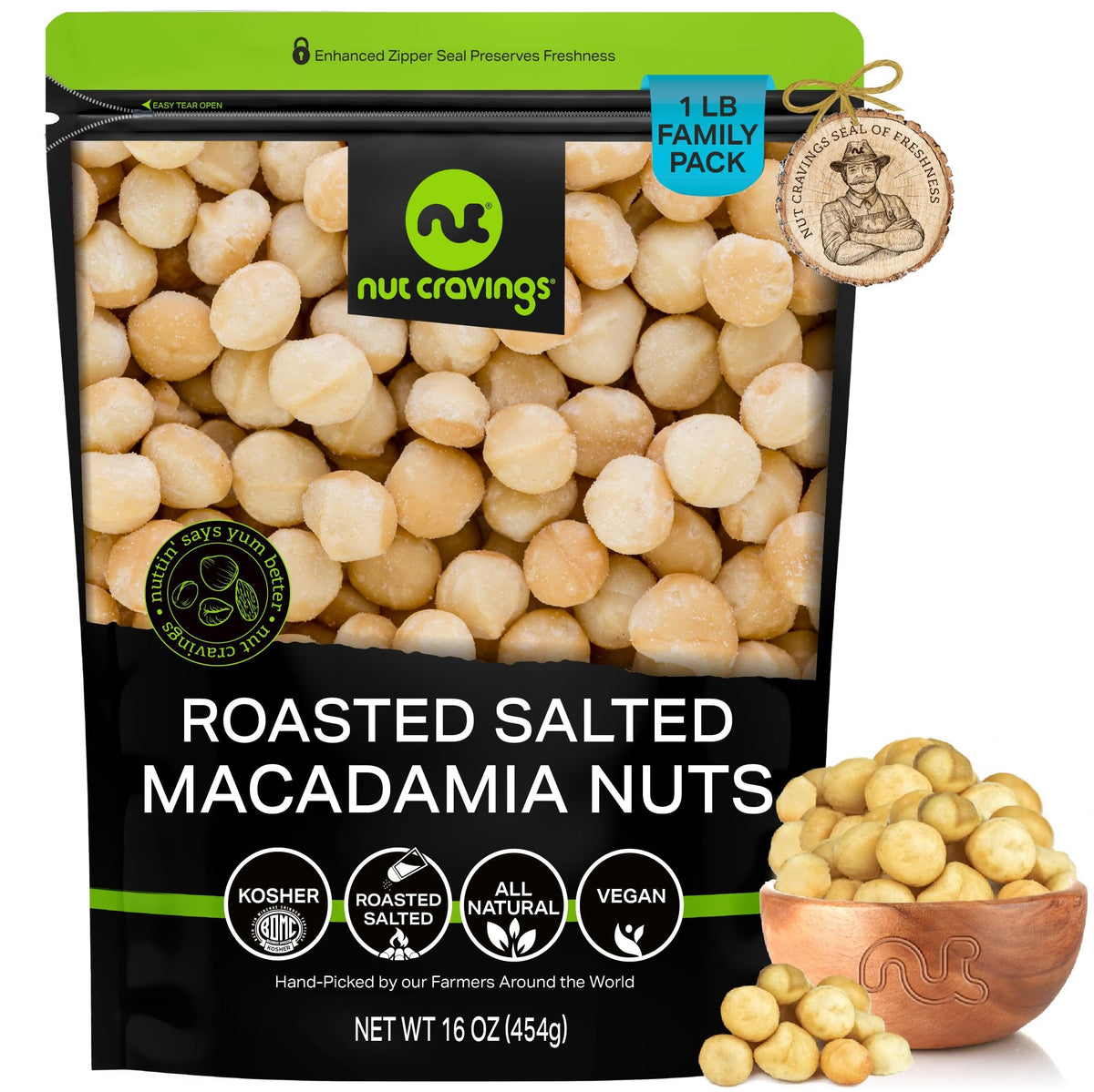 NUT CRAVINGS - Roasted & Salted Macadamia Nuts - No Shell, (16oz - 1 LB) Bulk Nuts Packed Fresh in Resealable Bag - Healthy Prot