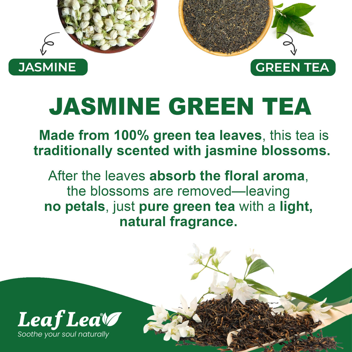 LeafLea 40 Jasmine Green Tea Bags  enhanced Green Tea Scented with Jasmine Flowers for Gentle Support & Light Alertness  Floral Smoothness  Caffeinated  Sugar-Free  Non-GMO  Vegan  Individually Wrapped