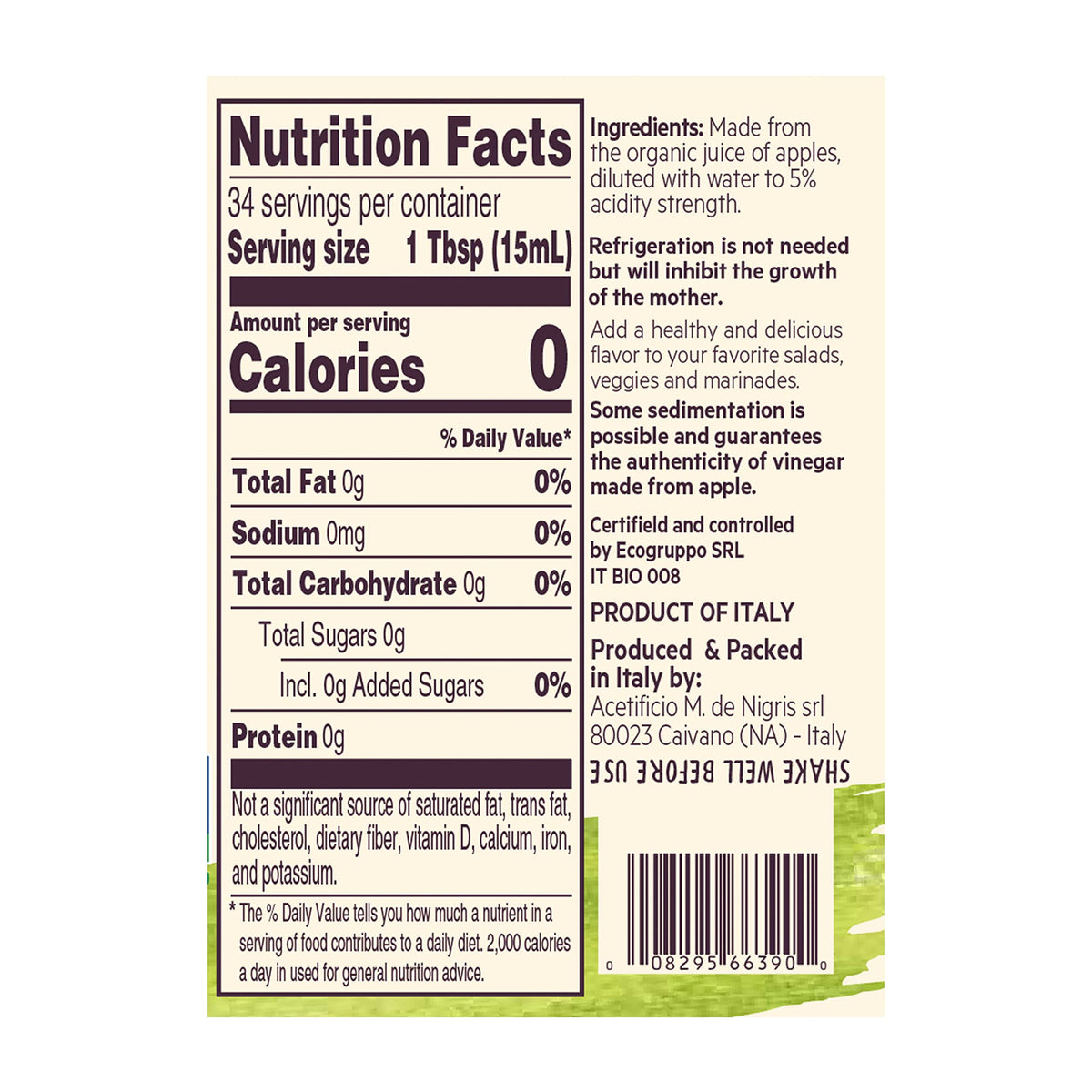 De Nigris Organic Apple Cider Vinegar Raw & Unfiltered 16.9 Fl Oz (500ml)
