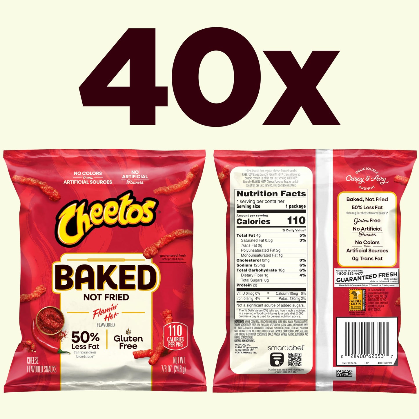 Frito Wnaldc Lay Baked Cheetos Crunchy Flamin  Hot, 0.87 Ounce Pack of 40