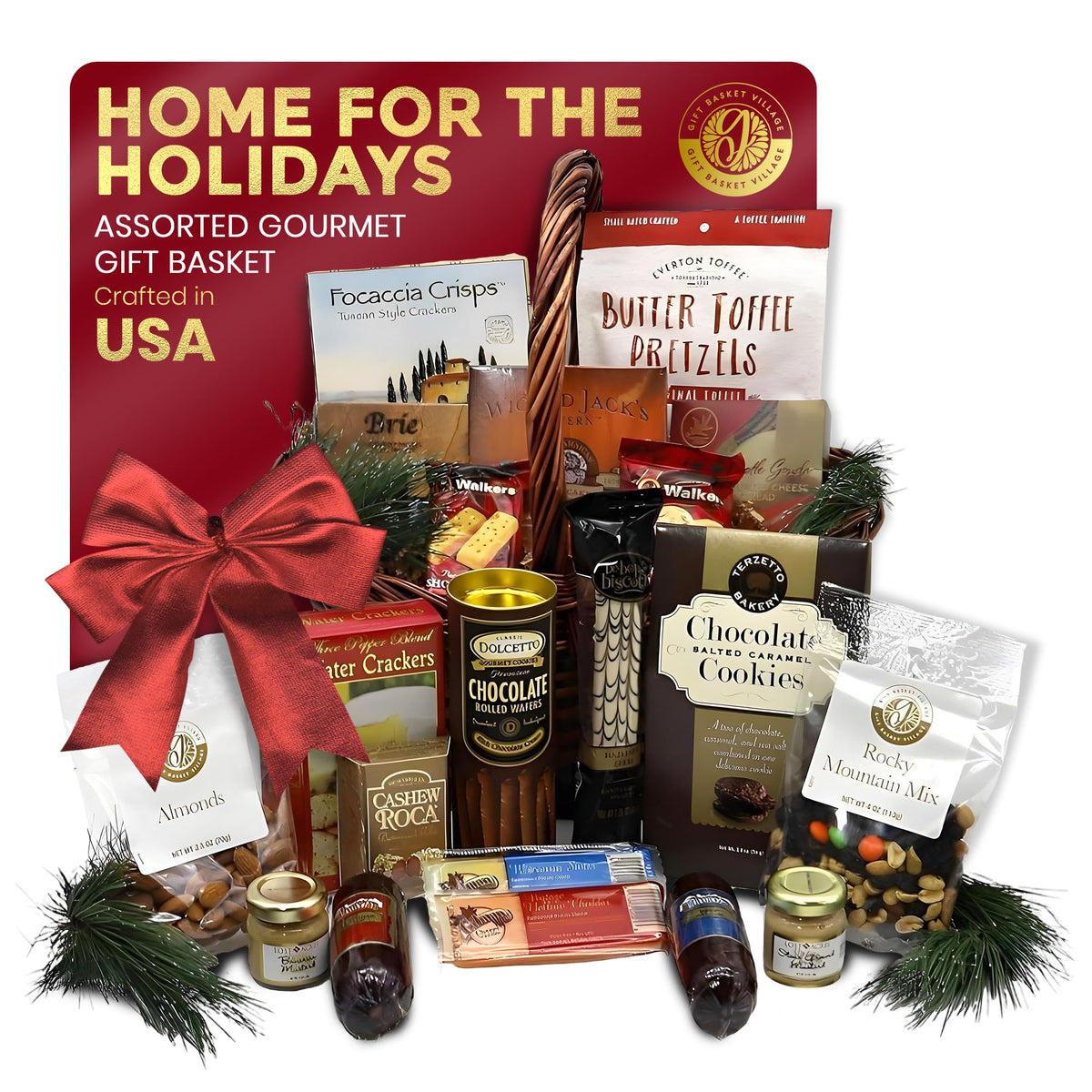 Gift Basket Village Gourmet Gift Basket - 21-Piece Set, Brown Wood, Loaded with Crackers, Wafers, and Spreads
