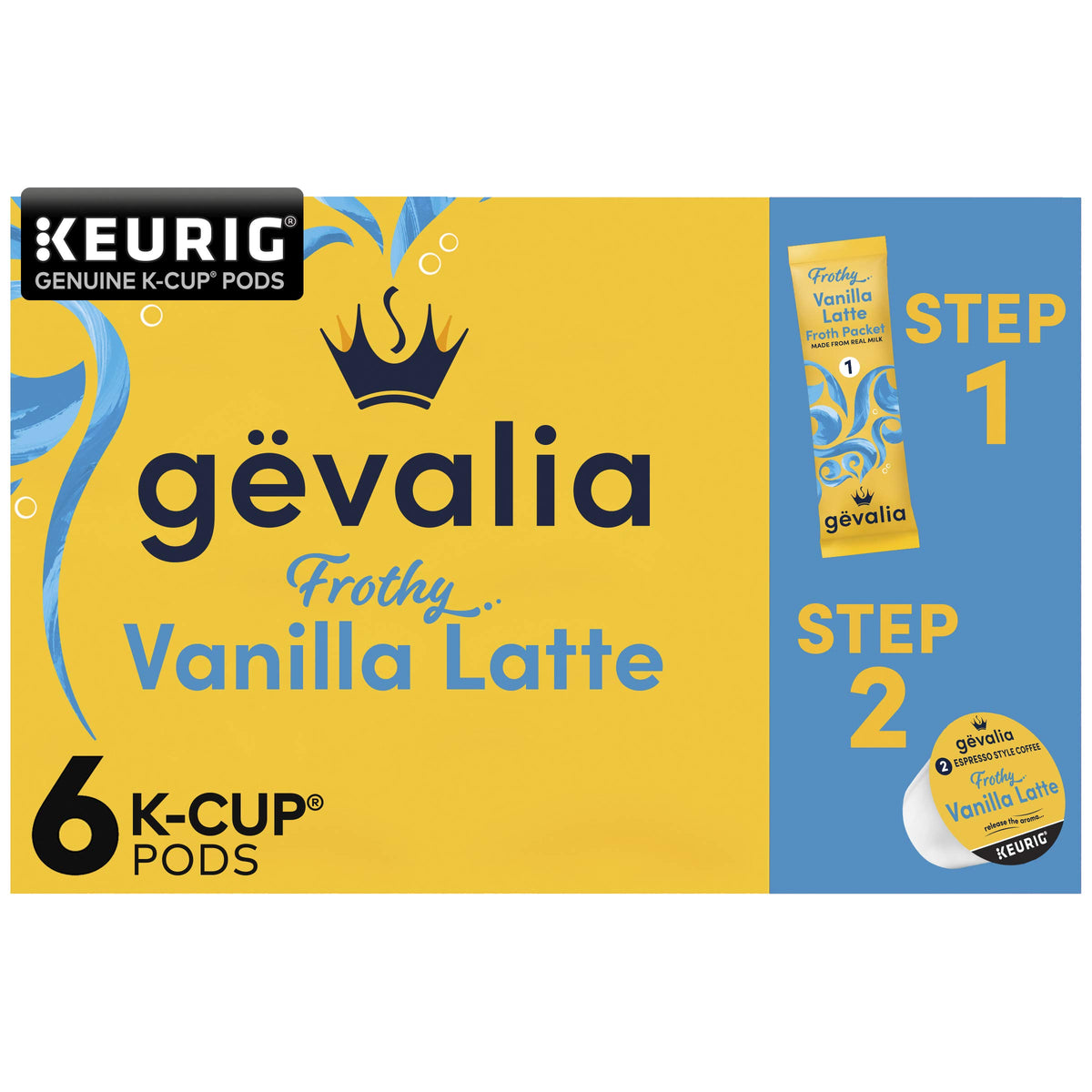 Gevalia Frothy 2-Step Vanilla Latte Espresso K-Cup Coffee Pods & Froth Packets Kit (6 Ct Box)