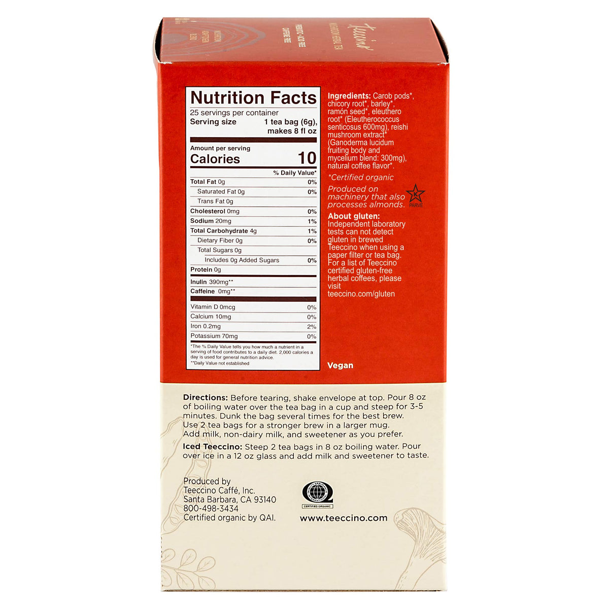 Teeccino Reishi Eleuthero Tea - Organic Caffeine-Free Herbal Tea, 25 Tea Bags, French Roast Flavor