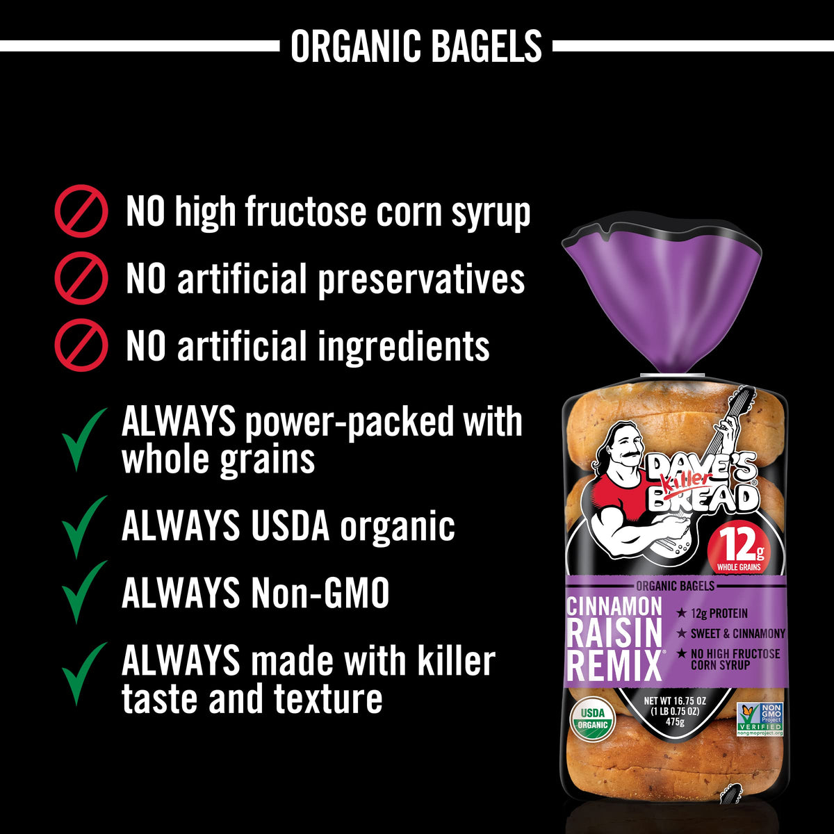 Daves Killer Bread Cinnamon Raisin Remix Bagels, Organic Cinnamon Raisin Bagels, 5 Count