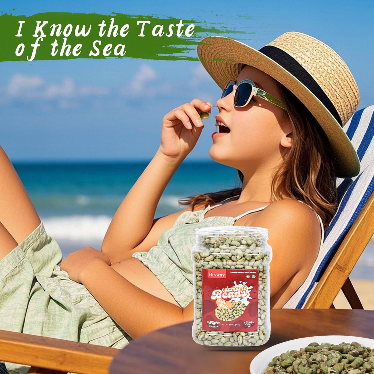 Besway Sea Salt Dry Roasted Edamame 2 Lb, High Protein Crunchy Snack, Non-Gmo, Vegan, Gluten-Free, Transparent Plastic Jar 906 G