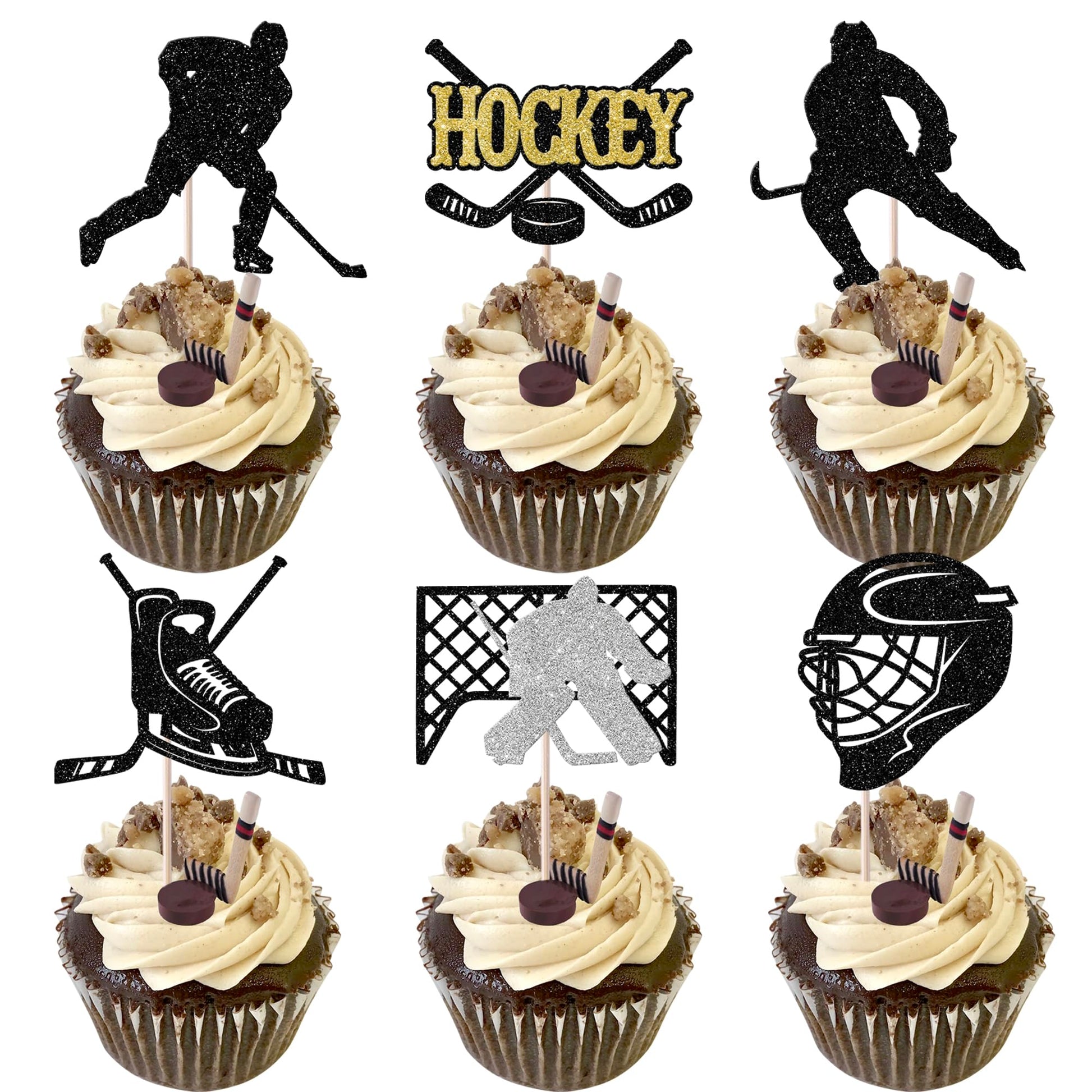Rsstarxi Hockey Cupcake Toppers, 24 Pack, Black Glitter, Ice Hockey Theme Decorations for Birthday Party, Model XM544-Black