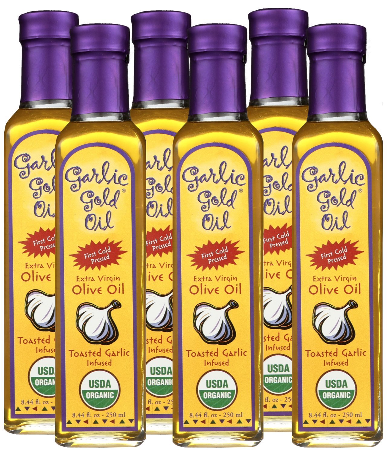 Garlic Gold Extra Virgin Olive Oil Infused With Garlic, Premium Certified Usda Organic, Low Fodmap, Cold Pressed (250 Ml, 6 Pack)