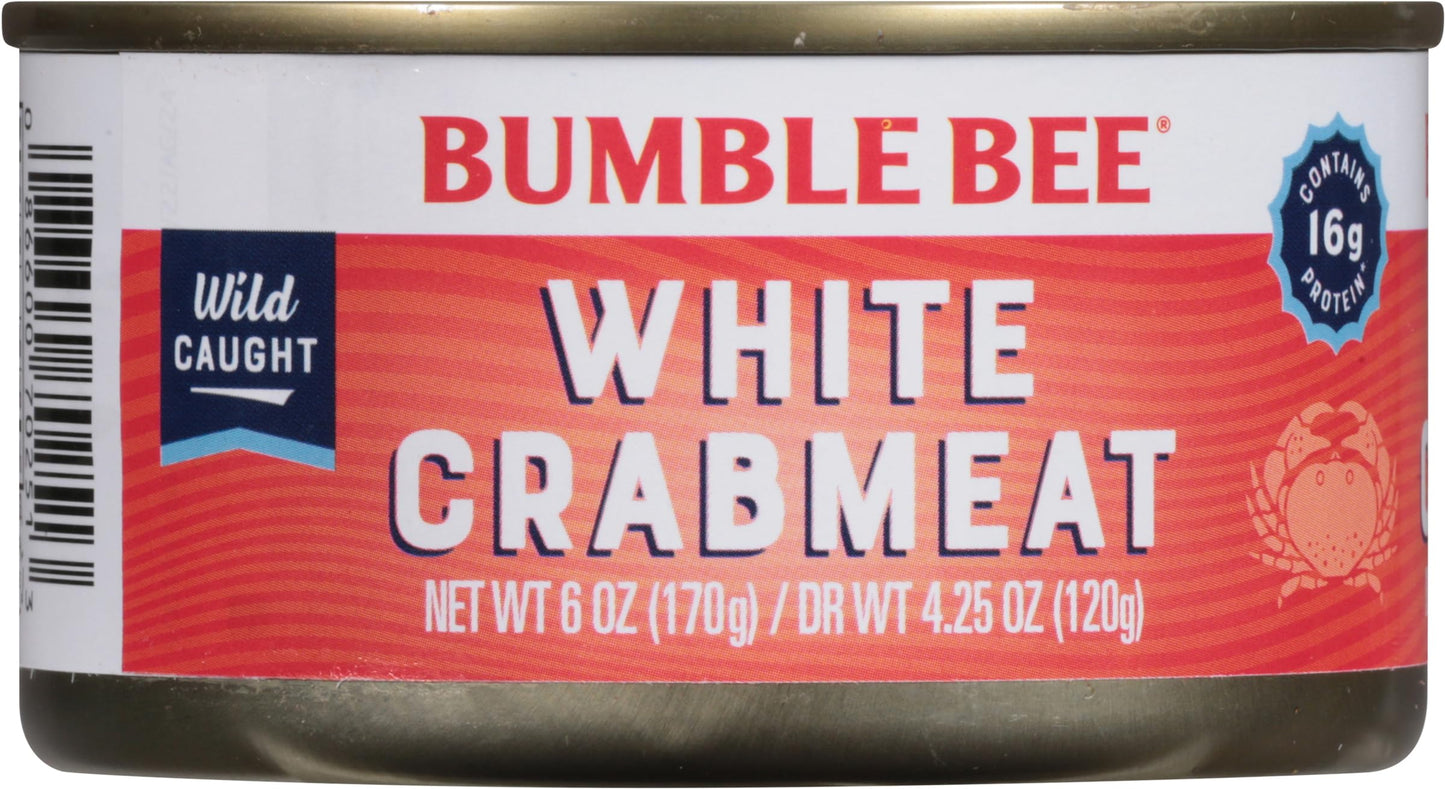 Bumble Bee White Flake Crab Meat in Water, 6 oz Can - 14g Protein & 1g Carb Per Serving - Wild Caught, Flaky, Drain Before Use,