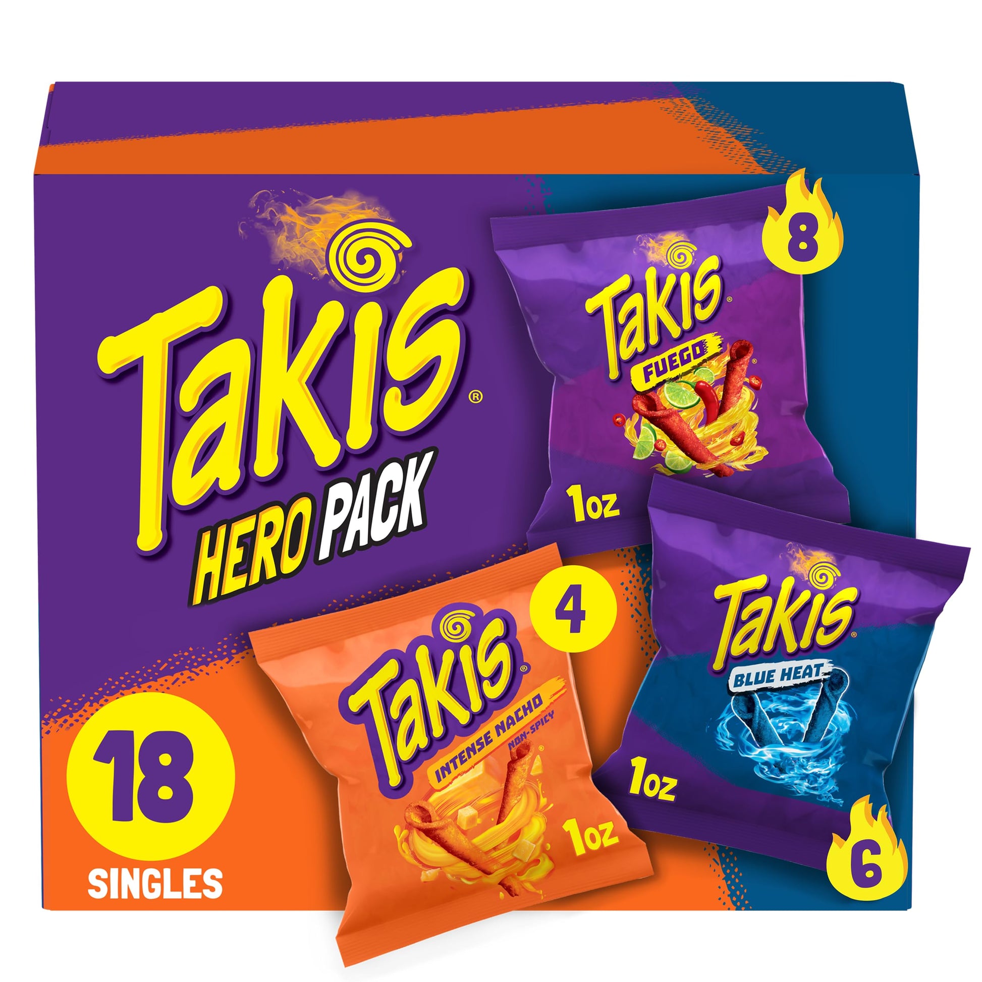 Takis 18 pc / 1 oz Hero Variety Pack  Assorted Flavored Mixed Rolled Tortilla Chips - (8) Fuego 1 oz  (6) Blue Heat 1 oz  (4) Intense Nacho 1 oz